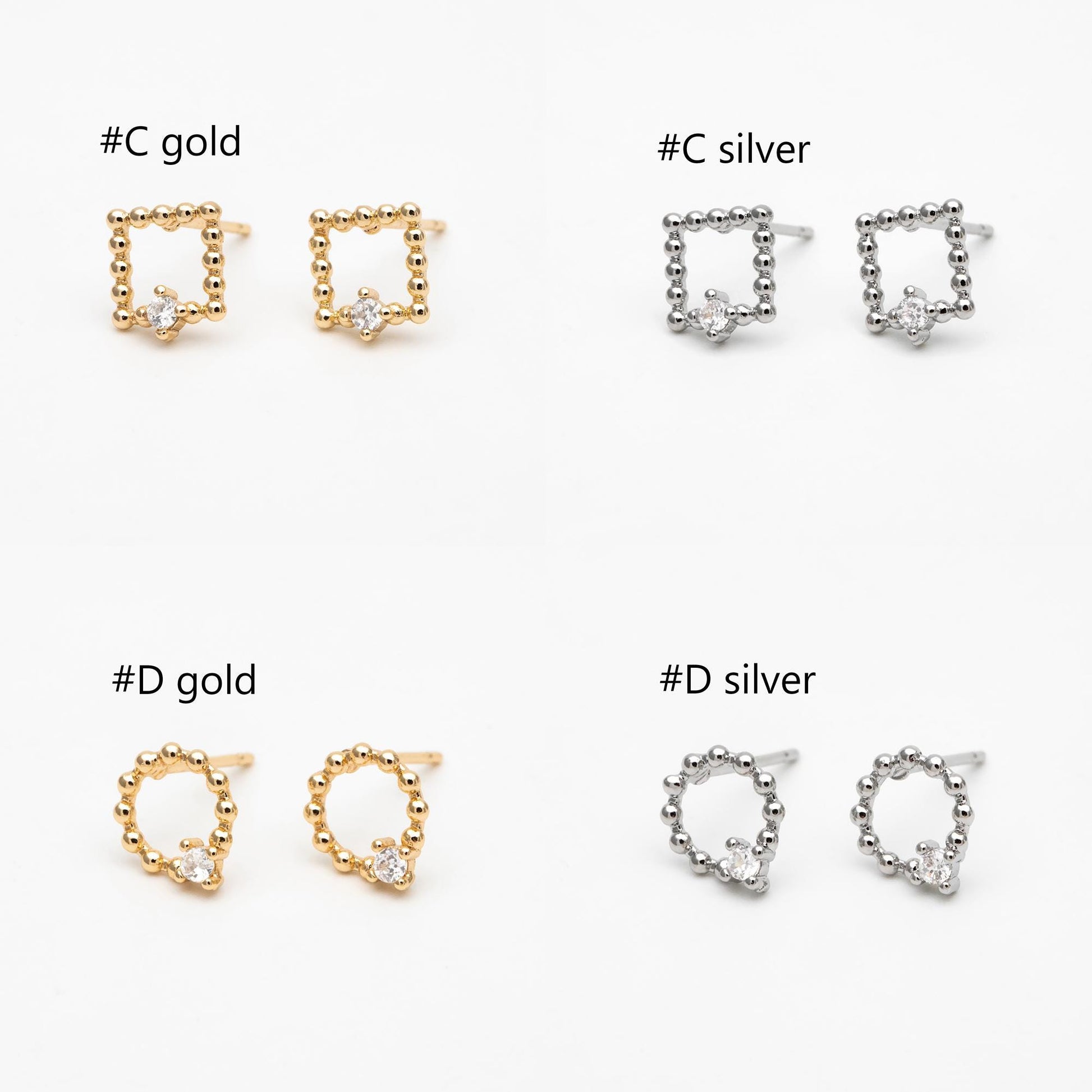 10pcs CZ Pave Gold/ Silver Tone Star/ Teardrop/ Square/ Circle Earrings, Gold/ Rhodium Plated Brass, Dainty Geometric Earrings (GB-4625)