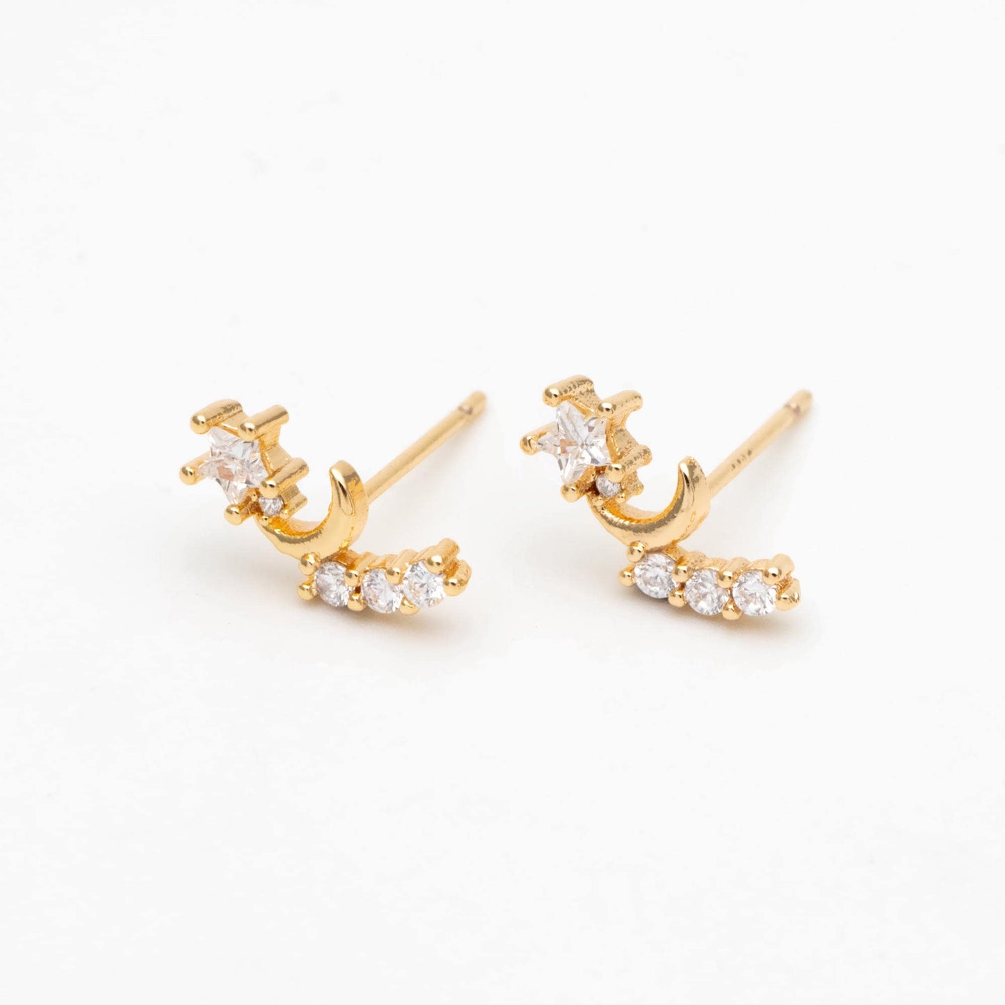10pcs CZ Pave Gold/ Silver Tone Moon and Star Earrings, Gold/ Rhodium Plated Brass, Dainty Stud Earrings (GB-4628)