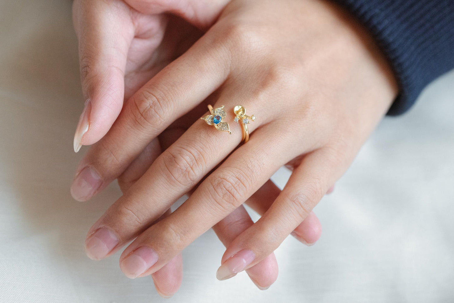 4pcs Blue CZ Pave Gold Flower Ring, Adjustable Ring Mounting, Pearl Ring Setting (#GB-4440)