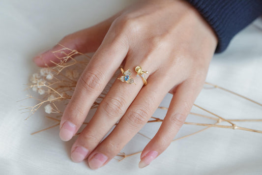 4pcs Blue CZ Pave Gold Flower Ring, Adjustable Ring Mounting, Pearl Ring Setting (#GB-4440)