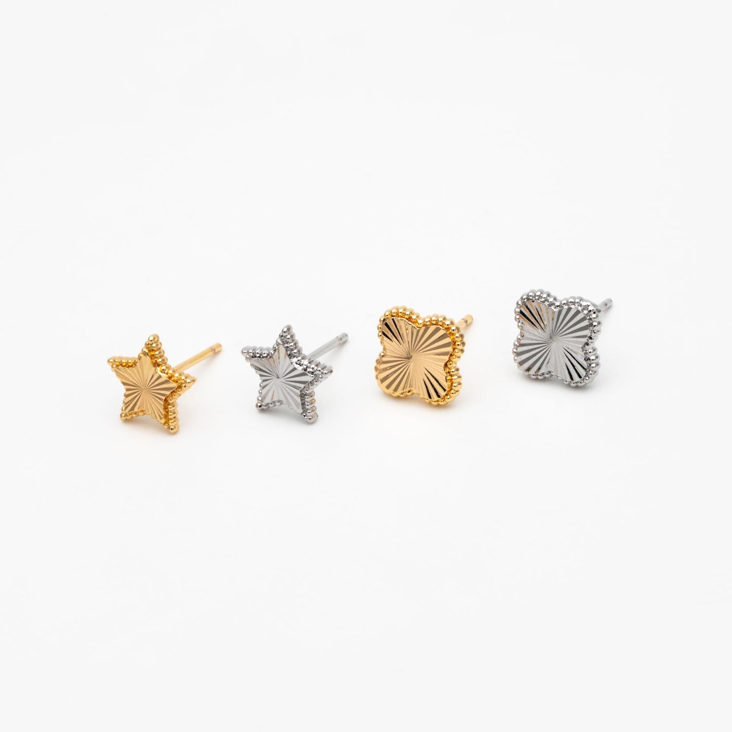 10pcs Gold/ Silver Tone Star/ Clover Earrings, Real Gold/ Rhodium plated Brass, Geometric Earring Studs (GB-4619)