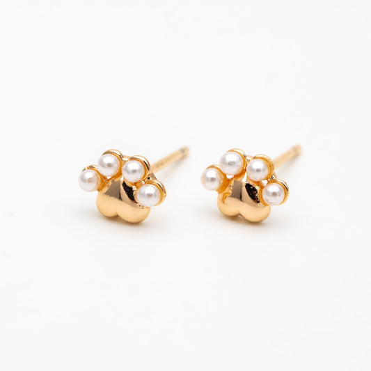 4pcs Gold/ Silver Faux Pearl Pet Paw Print Earrings, 18K Gold/ Rhodium Plated Brass, Minimalist Stud Earring (GB-4633)