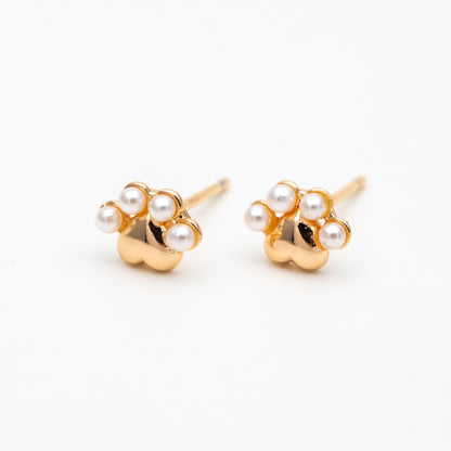 4pcs Gold/ Silver Faux Pearl Pet Paw Print Earrings, 18K Gold/ Rhodium Plated Brass, Minimalist Stud Earring (GB-4633)