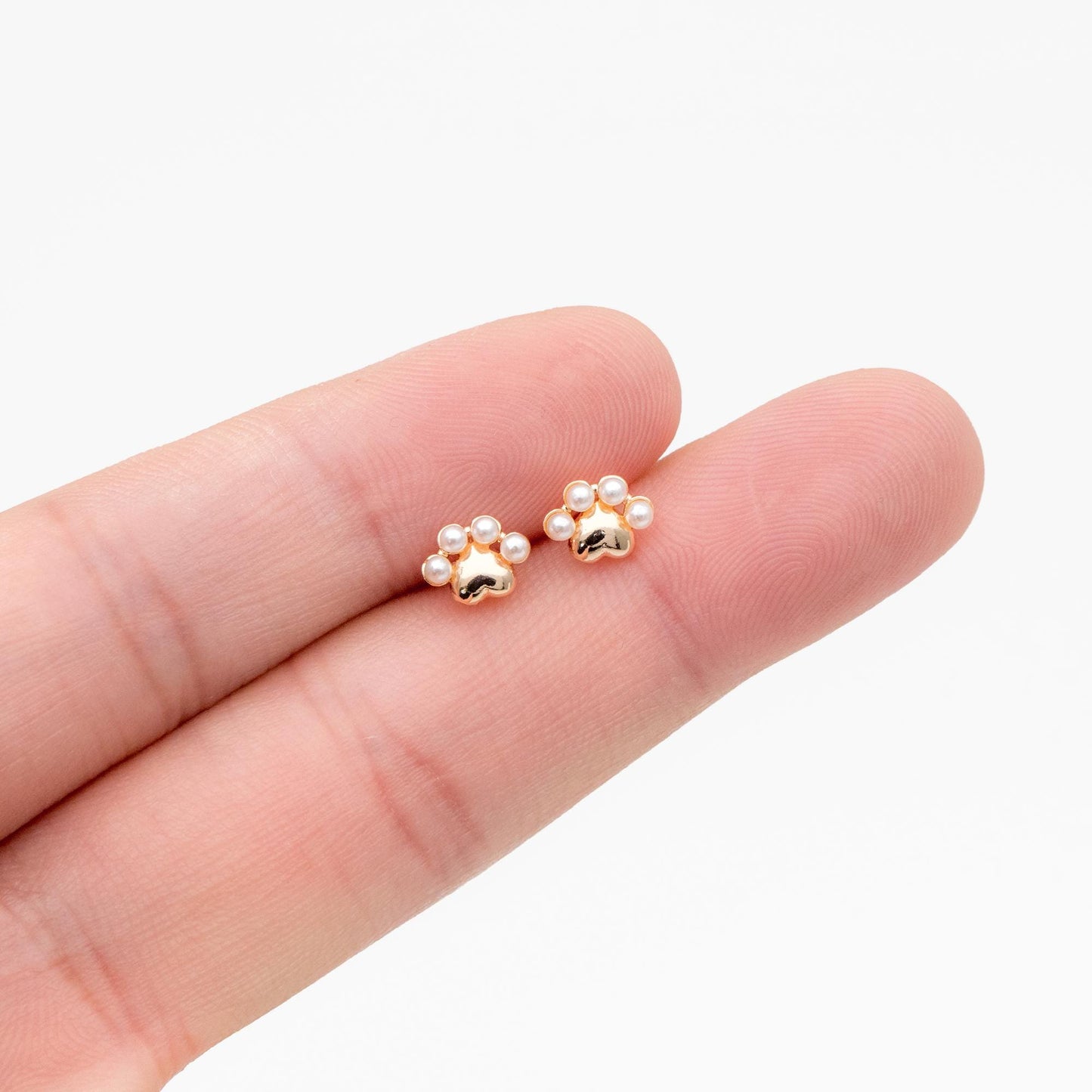 4pcs Gold/ Silver Faux Pearl Pet Paw Print Earrings, 18K Gold/ Rhodium Plated Brass, Minimalist Stud Earring (GB-4633)