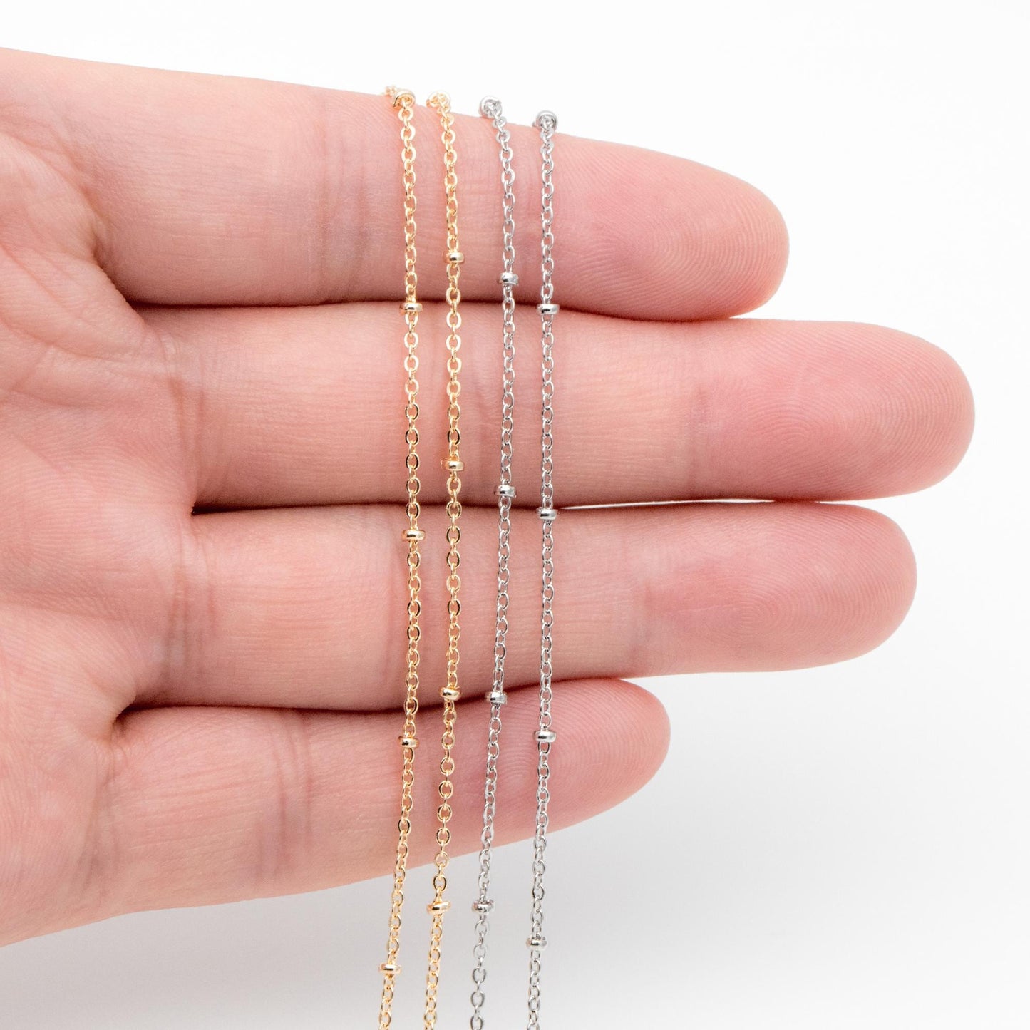 Gold/ Rhodium plated Brass Satellite Chains, 1.3mm Chain with 2mm Rondelle Beads, DIY Necklace Chain Wholesale (#LK-125)/ 1 Meter=3.3 ft