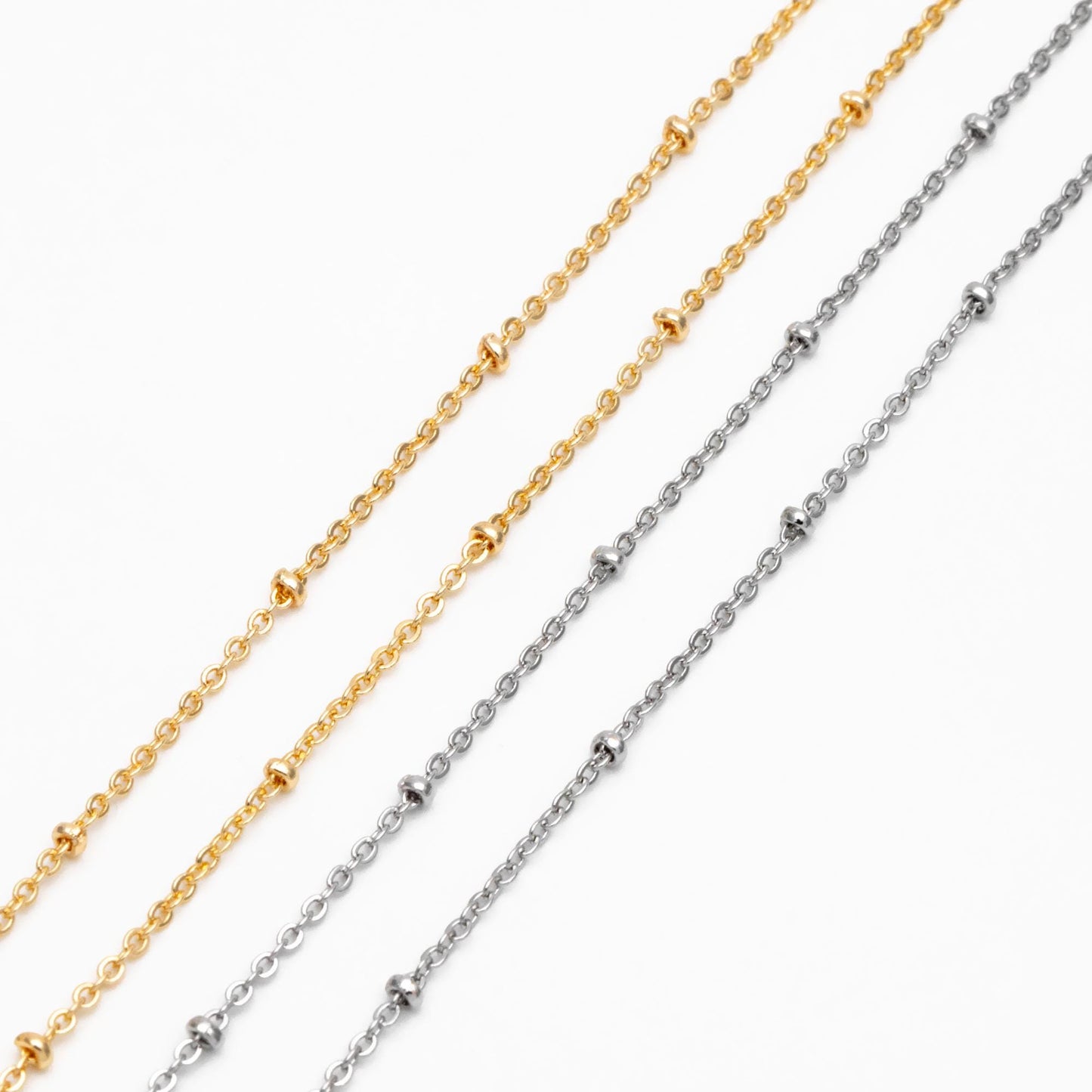 Gold/ Rhodium plated Brass Satellite Chains, 1.3mm Chain with 2mm Rondelle Beads, DIY Necklace Chain Wholesale (#LK-125)/ 1 Meter=3.3 ft