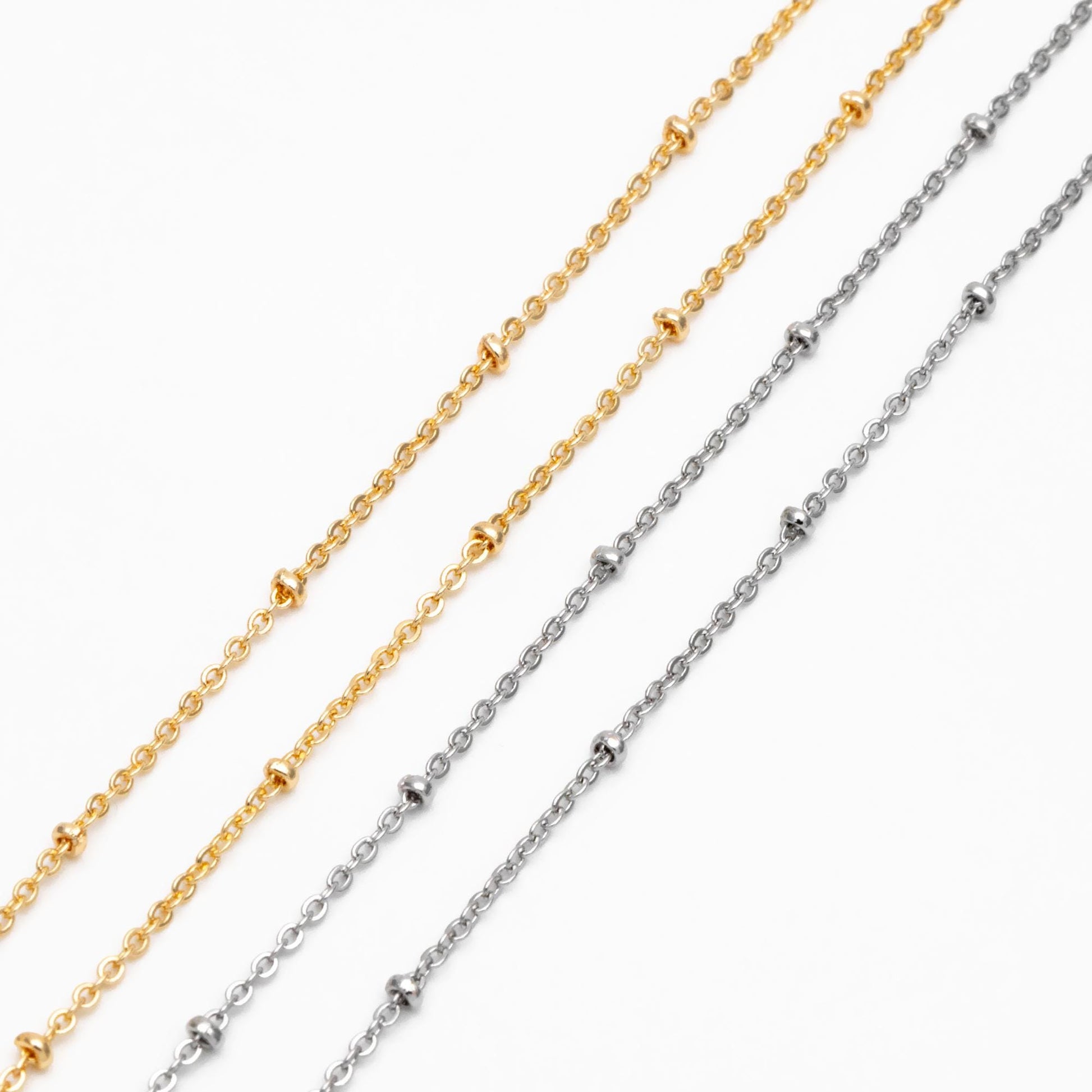 Gold/ Rhodium plated Brass Satellite Chains, 1.3mm Chain with 2mm Rondelle Beads, DIY Necklace Chain Wholesale (#LK-125)/ 1 Meter=3.3 ft