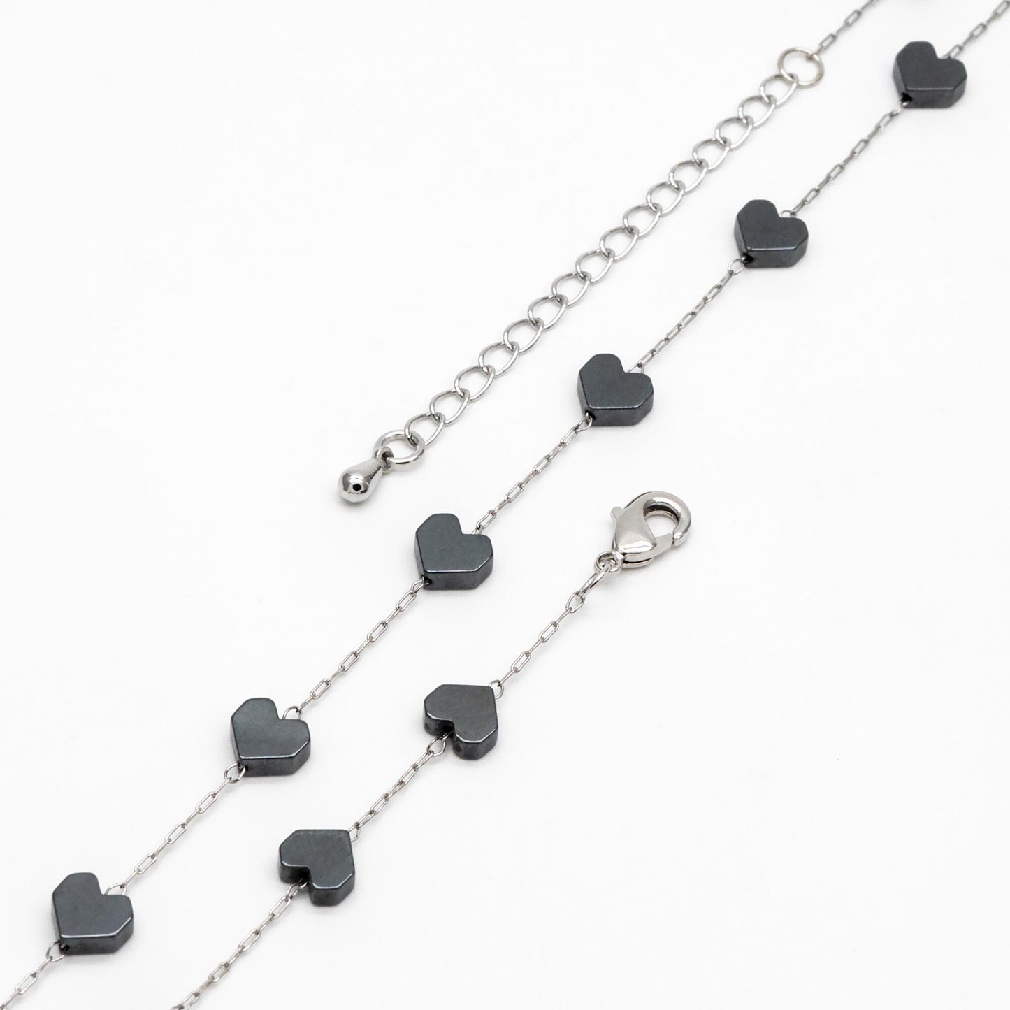Stainless Steel 6mm Heart Hematite Beads Chain, Finished Bracelet/ Anklet/ Necklace with Extender Chain, Ready to Wear (#LK-380-3)