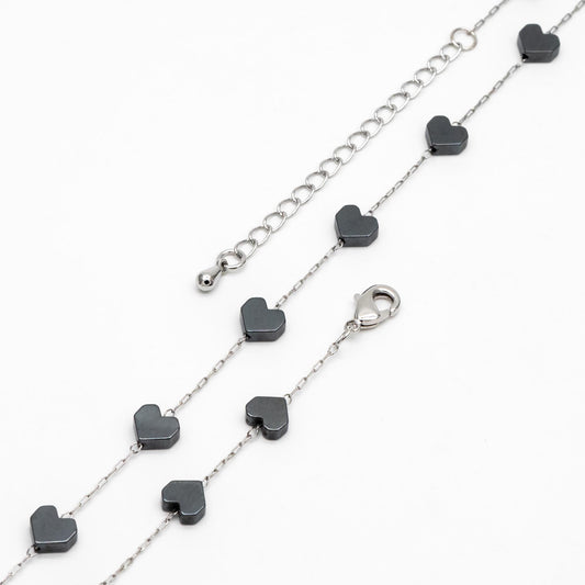 Stainless Steel 6mm Heart Hematite Beads Chain, Finished Bracelet/ Anklet/ Necklace with Extender Chain, Ready to Wear (#LK-380-3)