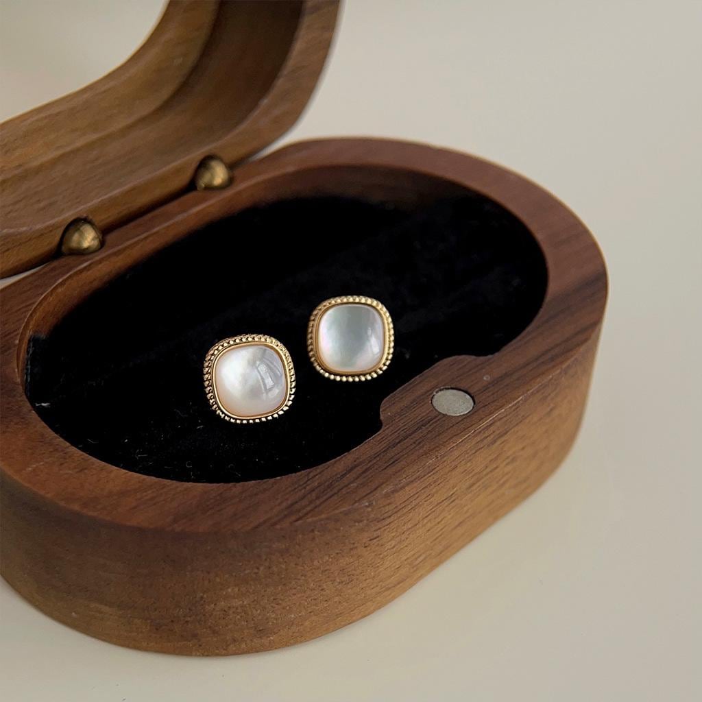 4pcs Shell Pave Round/ Square/ Heart/ Oval Earrings, Gold Plated Brass Geometric Stud Earrings (#GB-4214)