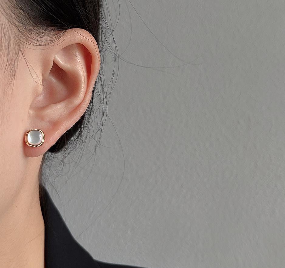 4pcs Shell Pave Round/ Square/ Heart/ Oval Earrings, Gold Plated Brass Geometric Stud Earrings (#GB-4214)