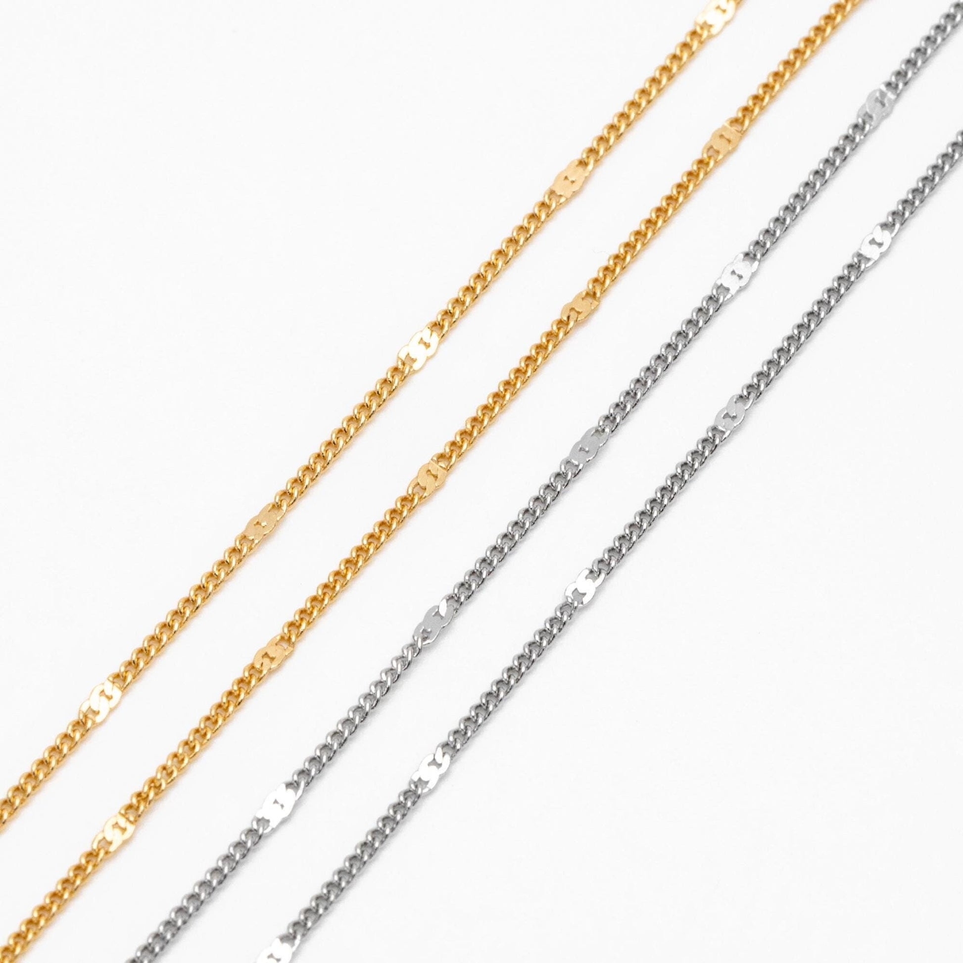 Dainty Gold/ Rhodium plated Brass Curb Chains, 1.3mm Delicate Thin Chains with 1.8mm Flat Links (#LK-128)/ 1 Meter=3.3 ft
