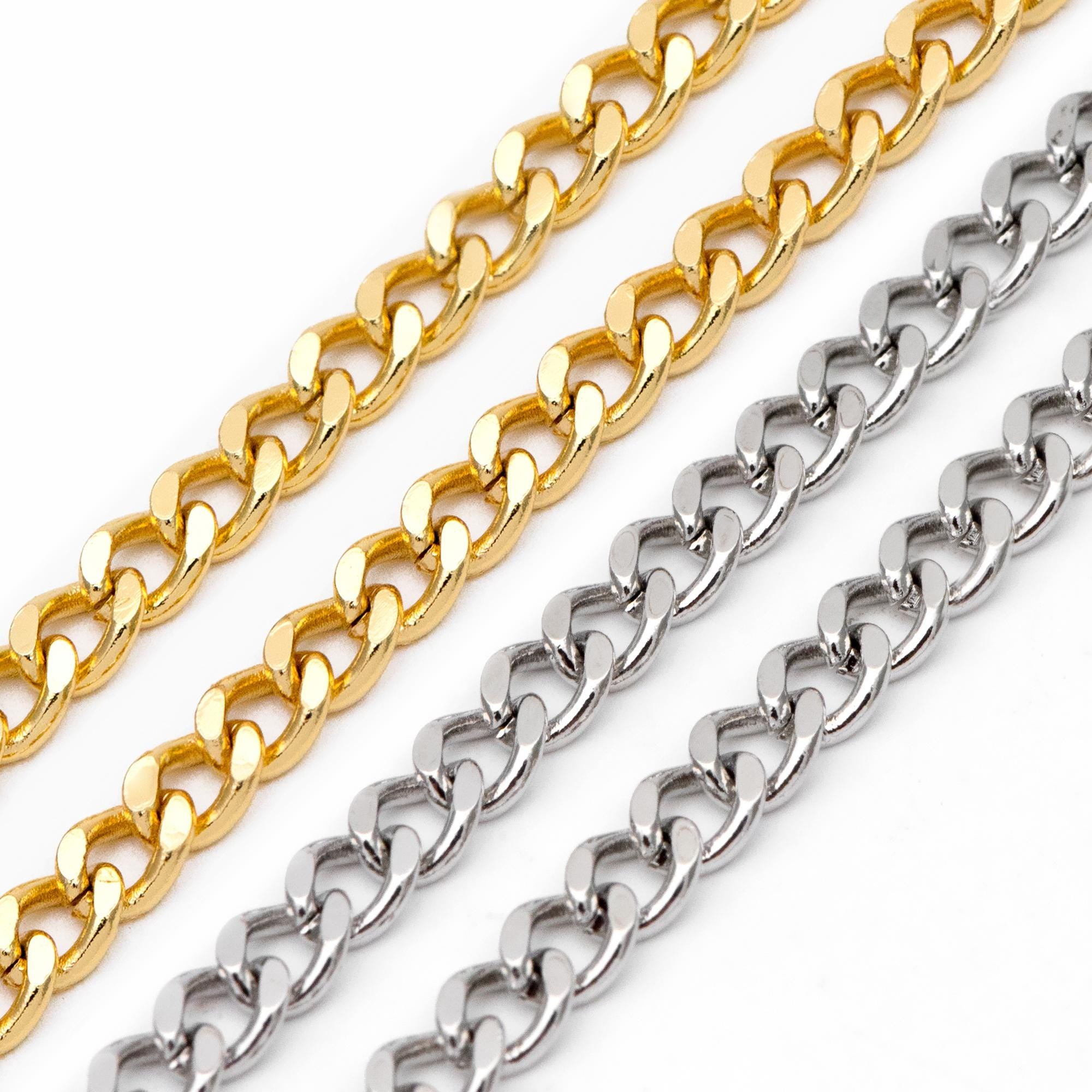 Gold/ Silver Tone Flat Curb Chain 4mm, 18K Gold/ Rhodium Plated Brass, Strong Curb Chain (#LK-429)/ 1 Meter=3.3 ft