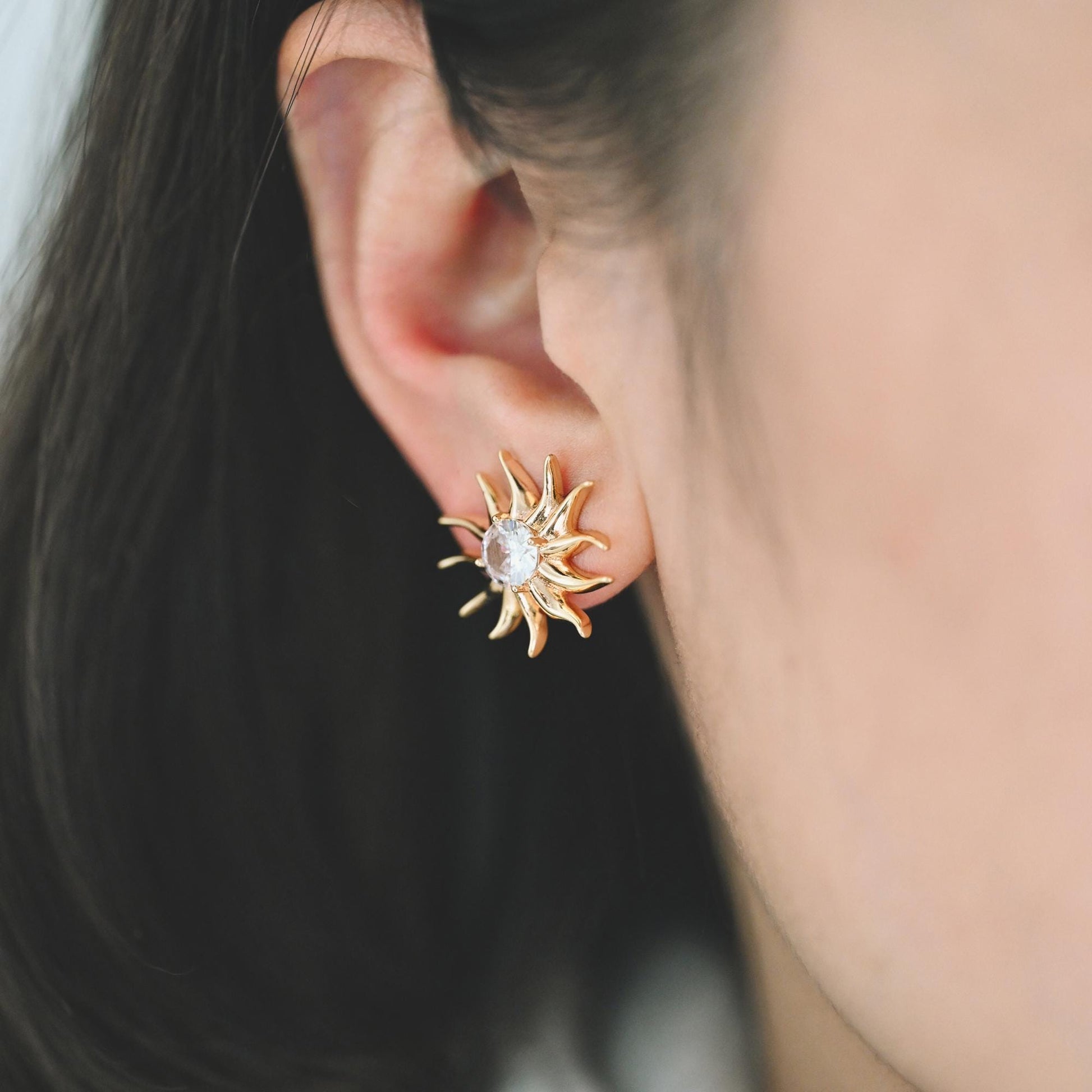 4pcs CZ Paved Sun Earring with Loop, 18x20mm, Real Gold/ Rhodium Plated Brass Stud Earrings (#GB-3507)