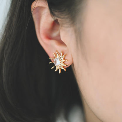 4pcs CZ Paved Sun Earring with Loop, 18x20mm, Real Gold/ Rhodium Plated Brass Stud Earrings (#GB-3507)