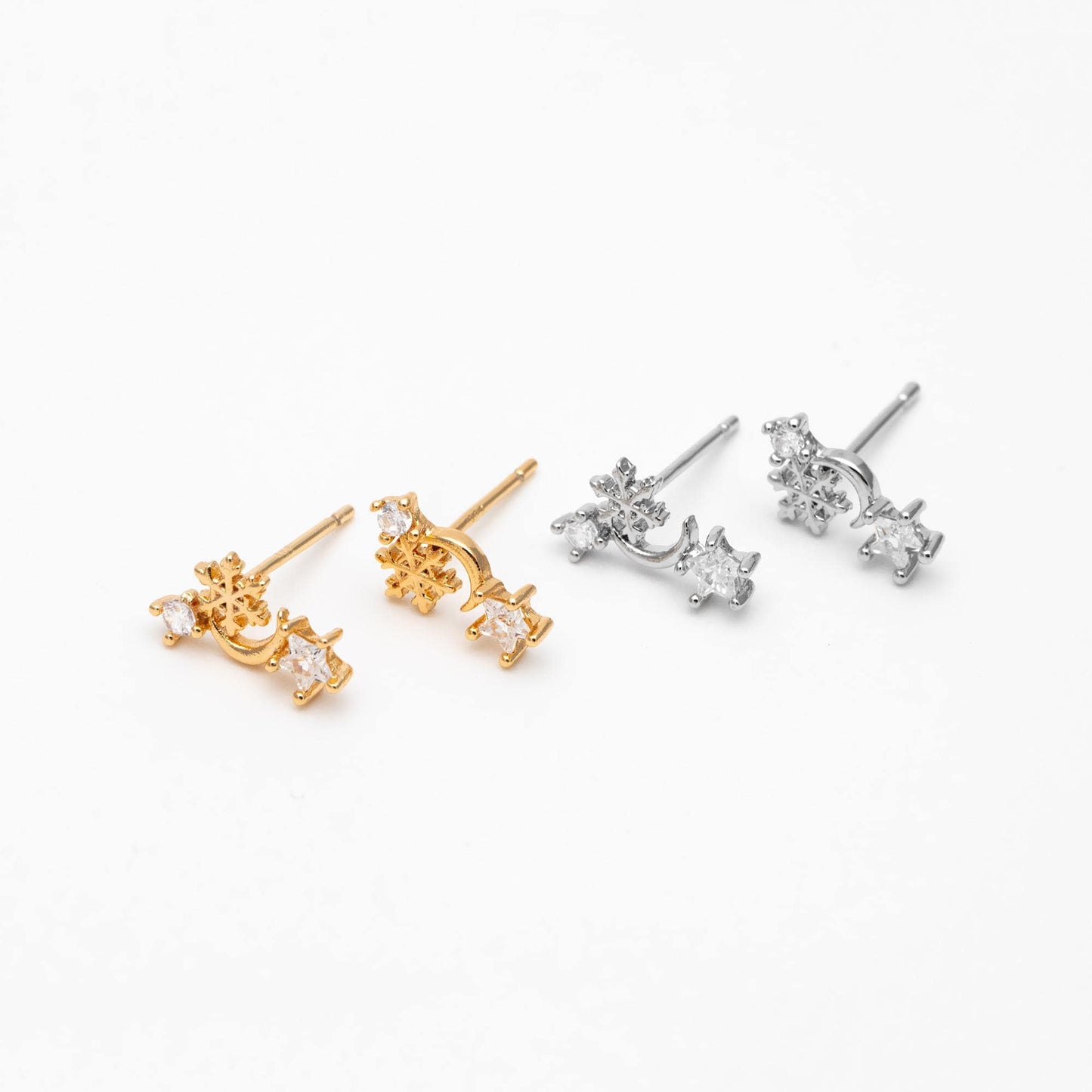 10pcs CZ Pave Moon Star Earrings: Gold/ Rhodium Plated Brass Studs (GB-139-D)
