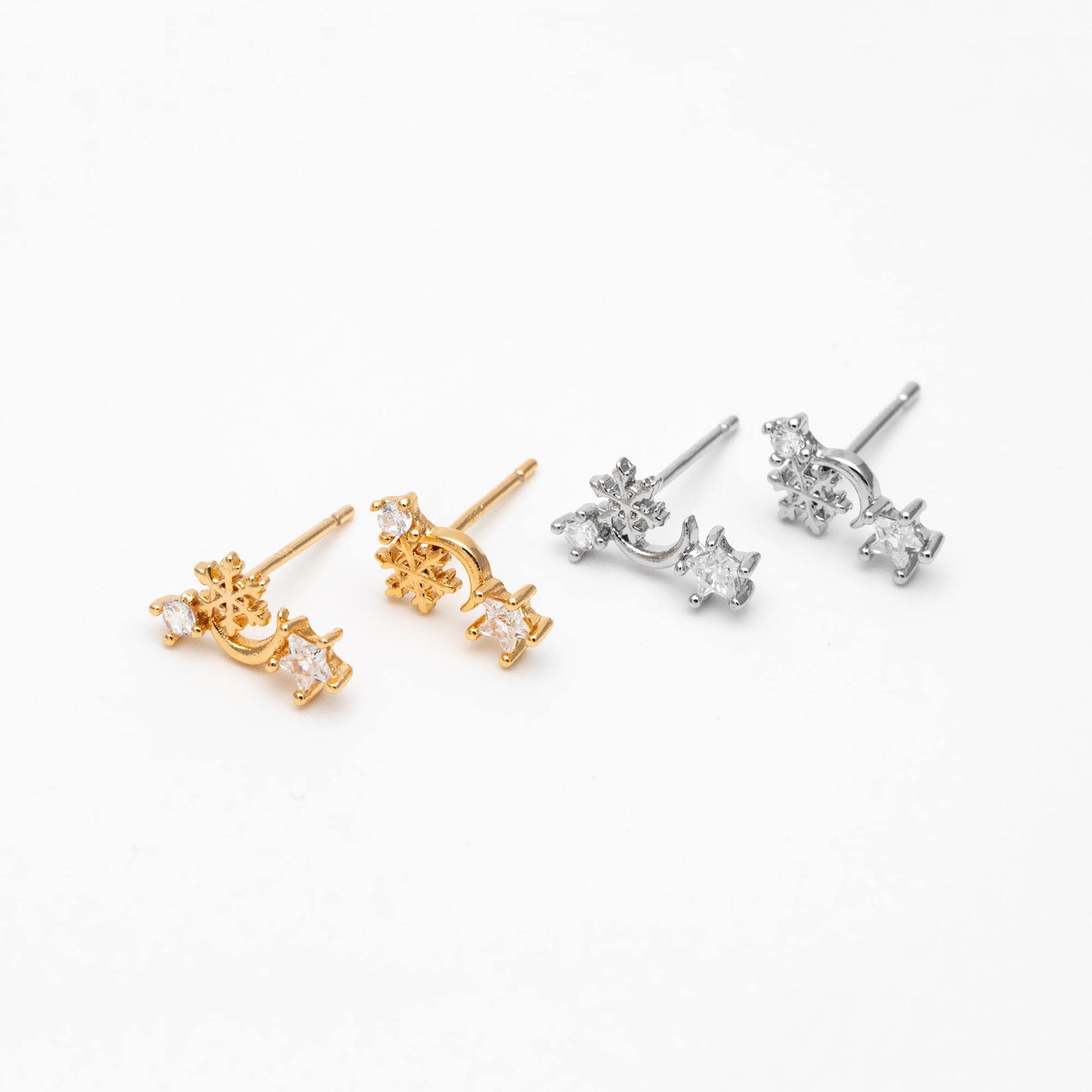 10pcs CZ Pave Moon Star Earrings: Gold/ Rhodium Plated Brass Studs (GB-139-D)