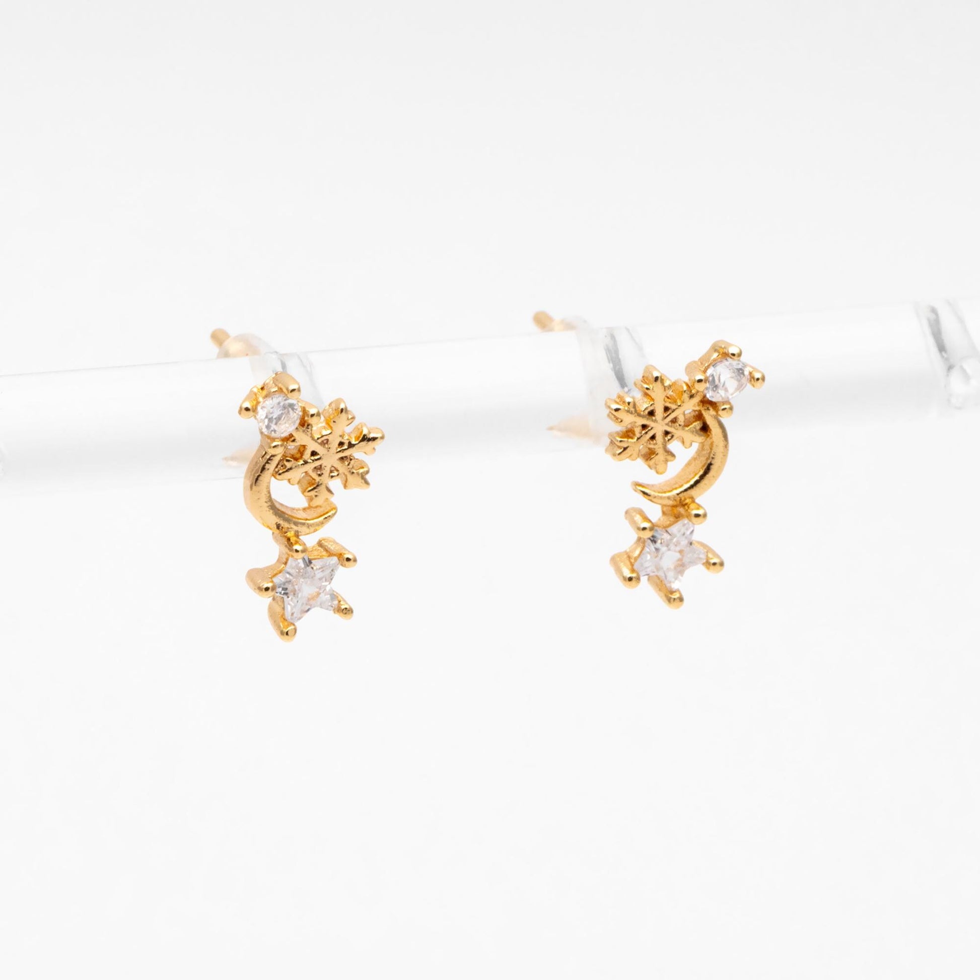 10pcs CZ Pave Moon Star Earrings: Gold/ Rhodium Plated Brass Studs (GB-139-D)