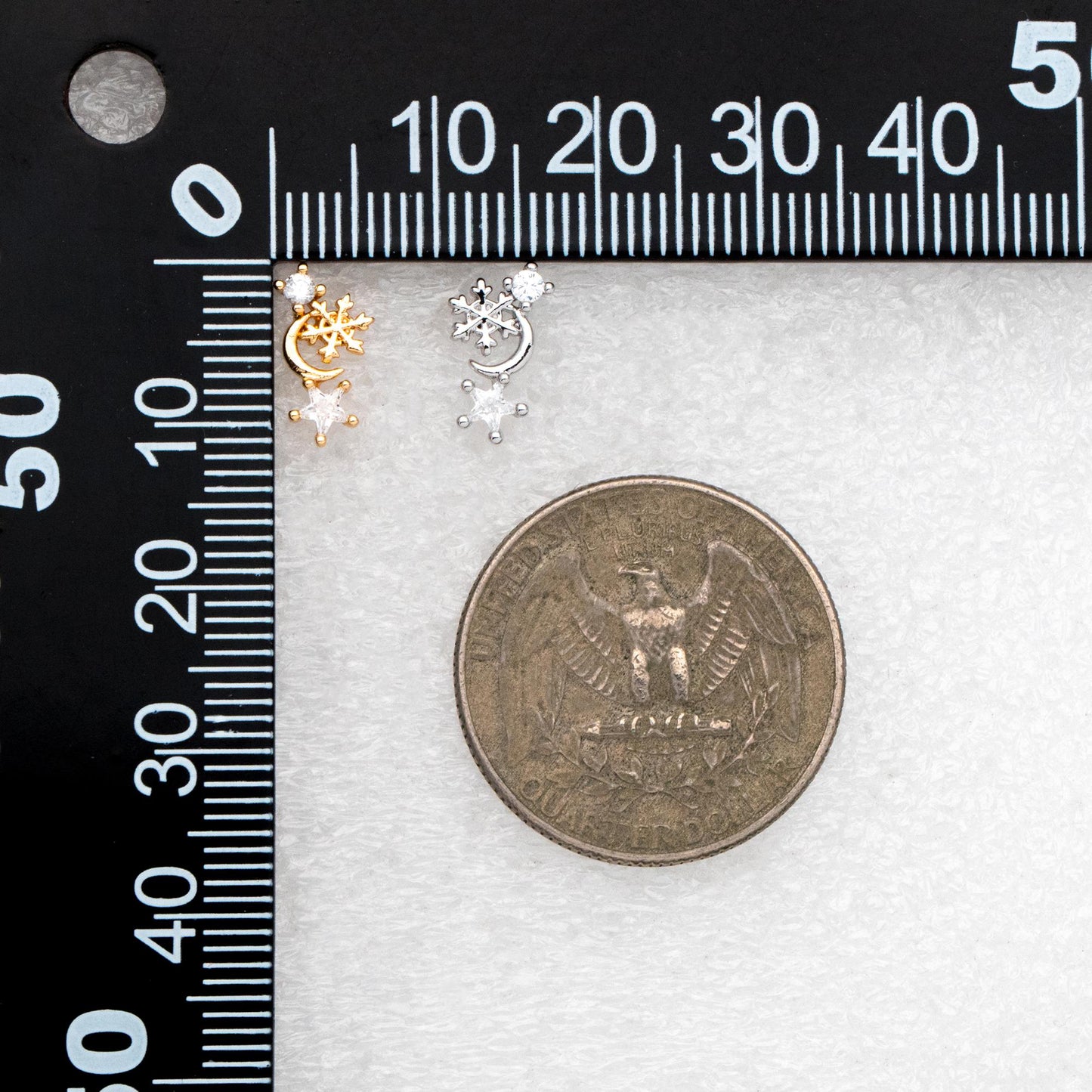 10pcs CZ Pave Moon Star Earrings: Gold/ Rhodium Plated Brass Studs (GB-139-D)