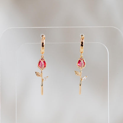 4pcs Gold CZ Flower Charms, 18K Gold plated Brass, Cubic Zirconia Rose Pendants, Clear/ Pinkish Red (GB-3579-I)