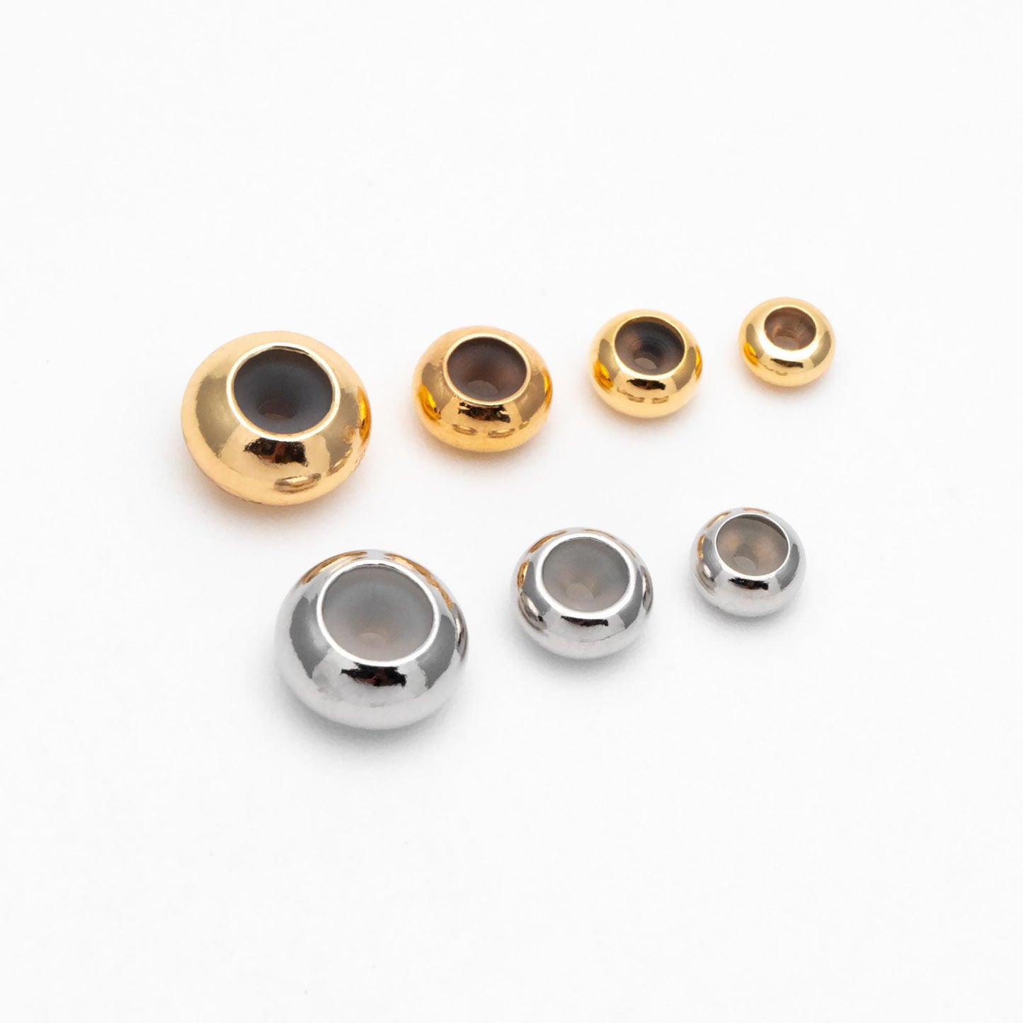 10pcs Gold/ Silver Tone Rondelle Rubber Stopper Beads 4/ 4.5/ 5.5/ 7.5mm, Gold/ Rhodium plated Brass Charm Holder Connector (GB-328)