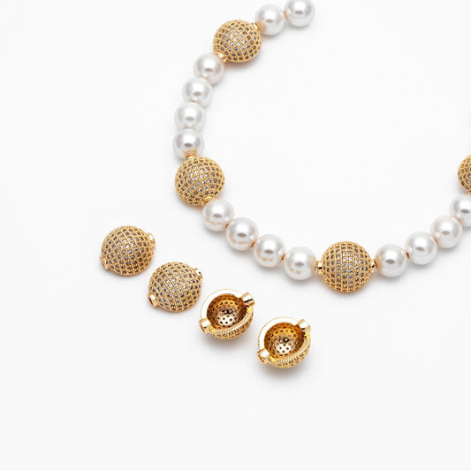 4pcs CZ pave Gold Hemisphere spacer Beads, Gold Plated Brass Connector (GB-1074)