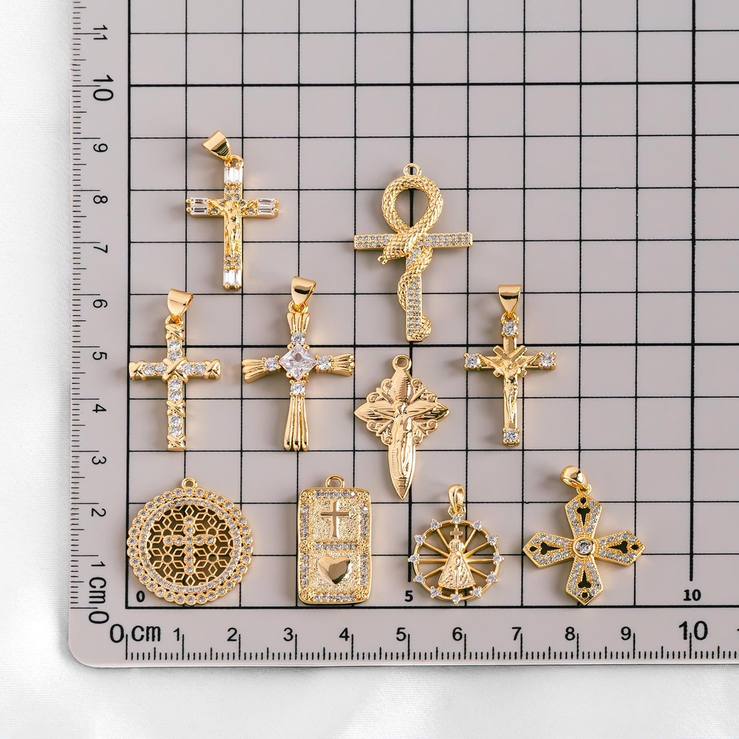 4pcs CZ pave Gold Cross Pendant, Christian Cross Pendant, Snake Charms, Ankh, Jewelry Supplies (GB-2288)
