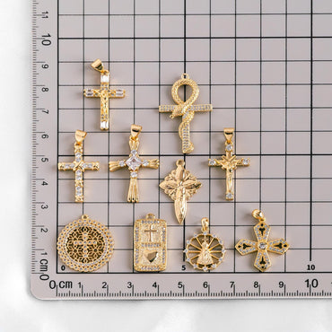 4pcs CZ pave Gold Cross Pendant, Christian Cross Pendant, Snake Charms, Ankh, Jewelry Supplies (GB-2288)