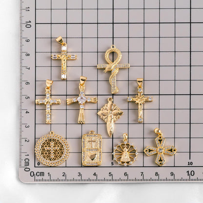 4pcs CZ pave Gold Cross Pendant, Christian Cross Pendant, Snake Charms, Ankh, Jewelry Supplies (GB-2288)