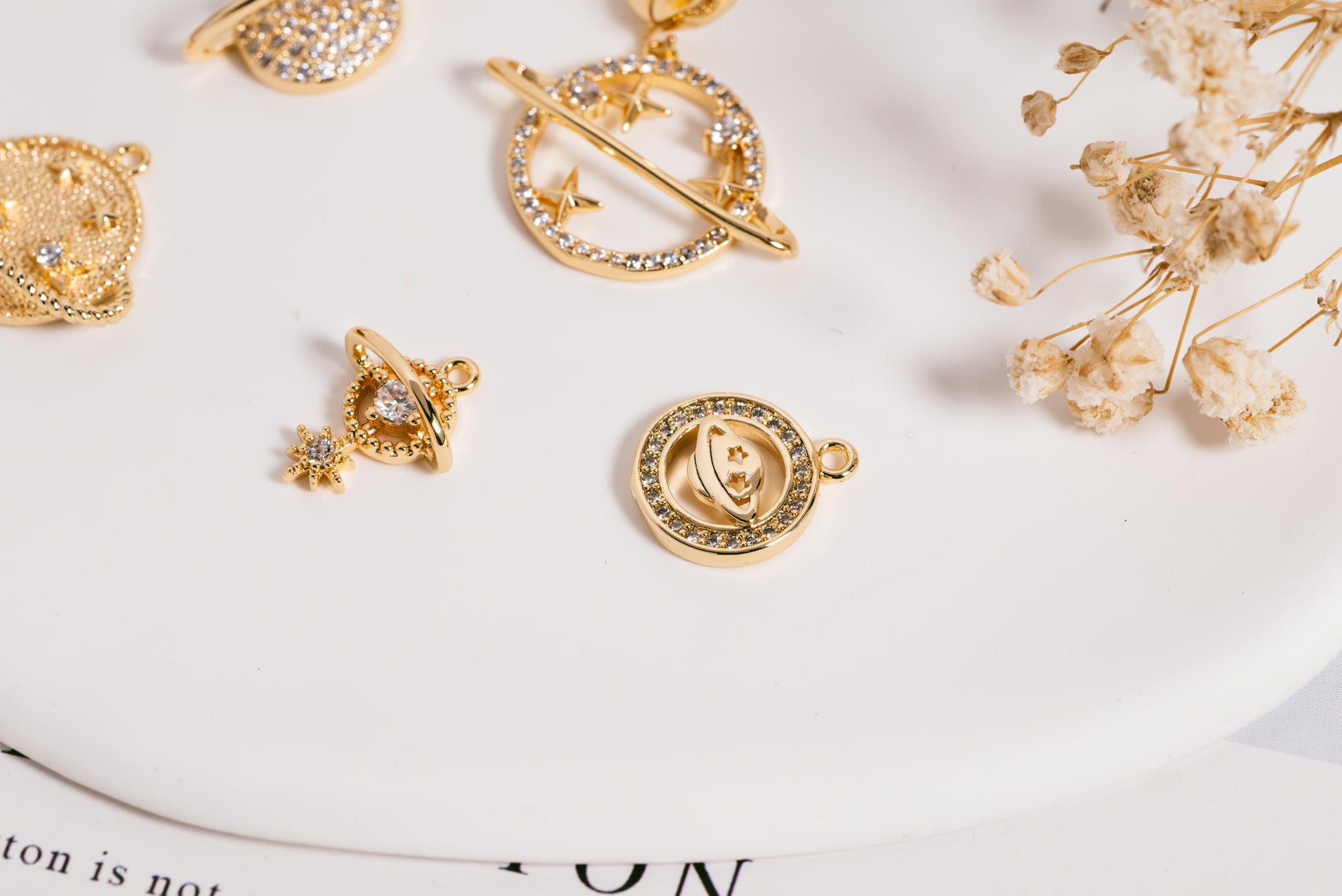 4pcs CZ pave Gold Saturn Charms , Gold plated Brass Planet Pendants, DIY Earring Necklace Components (GB-1173)