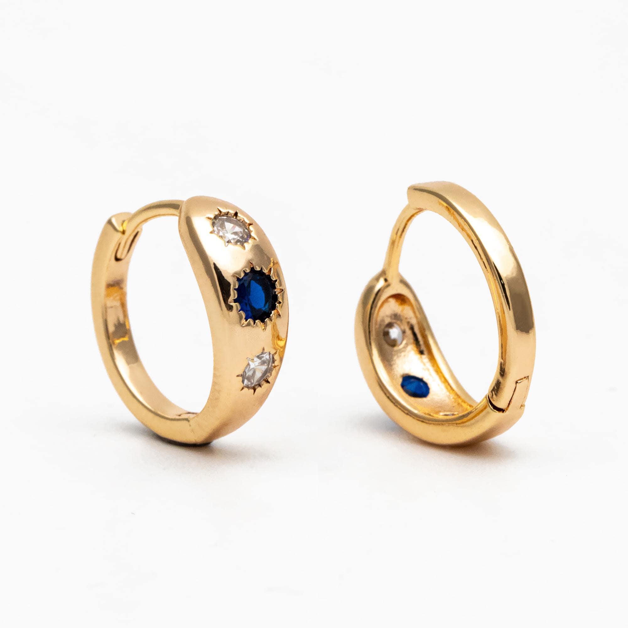 4pcs Black/ Blue CZ Pave Sun Hoop Earrings, Dainty Huggie Earrings, Minimalist Earring, Gold Hoops Earring (GB-3800)