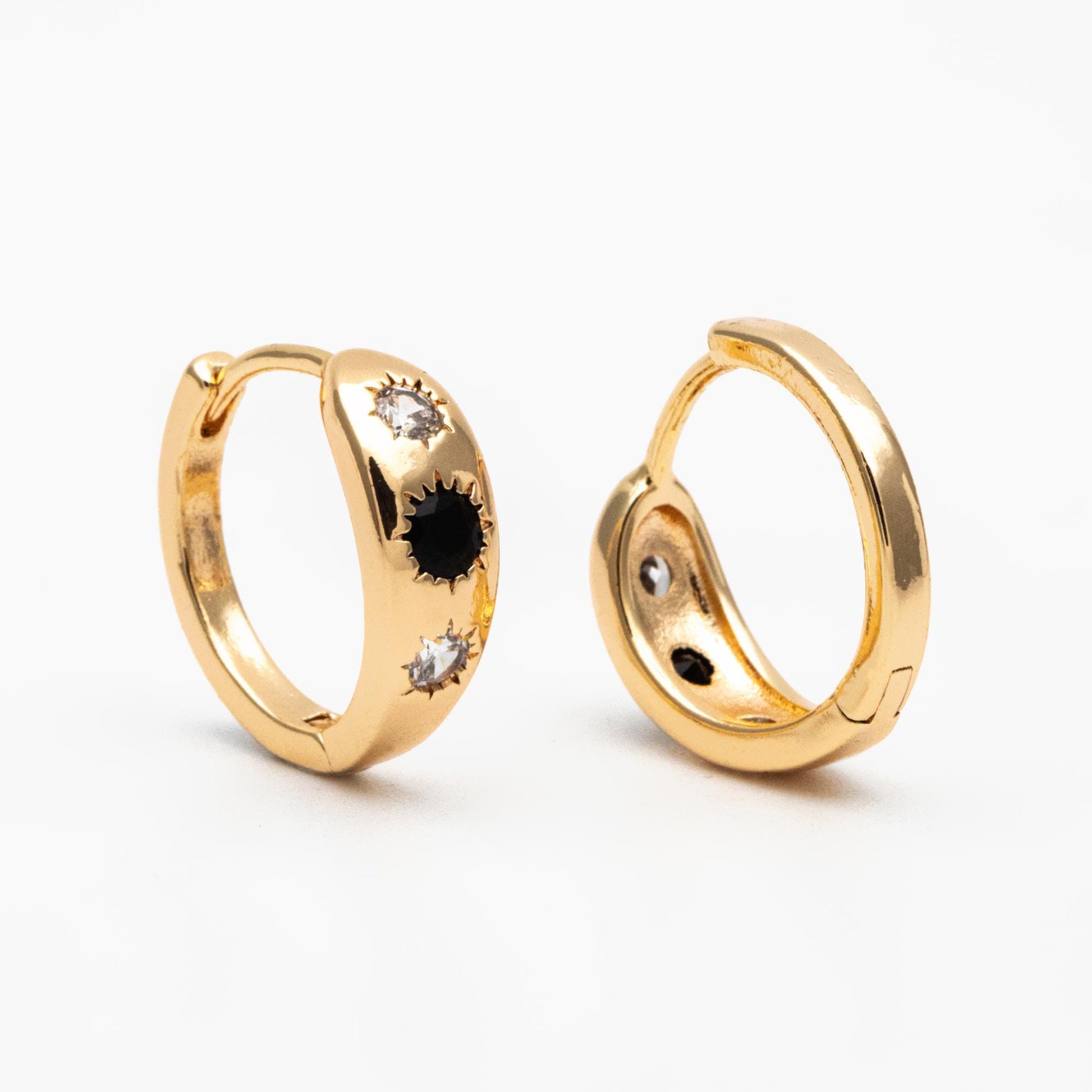 4pcs Black/ Blue CZ Pave Sun Hoop Earrings, Dainty Huggie Earrings, Minimalist Earring, Gold Hoops Earring (GB-3800)