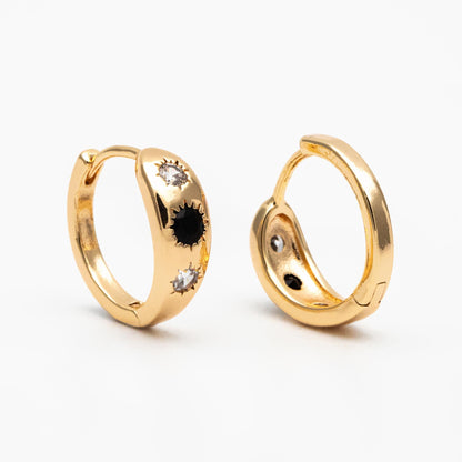 4pcs Black/ Blue CZ Pave Sun Hoop Earrings, Dainty Huggie Earrings, Minimalist Earring, Gold Hoops Earring (GB-3800)