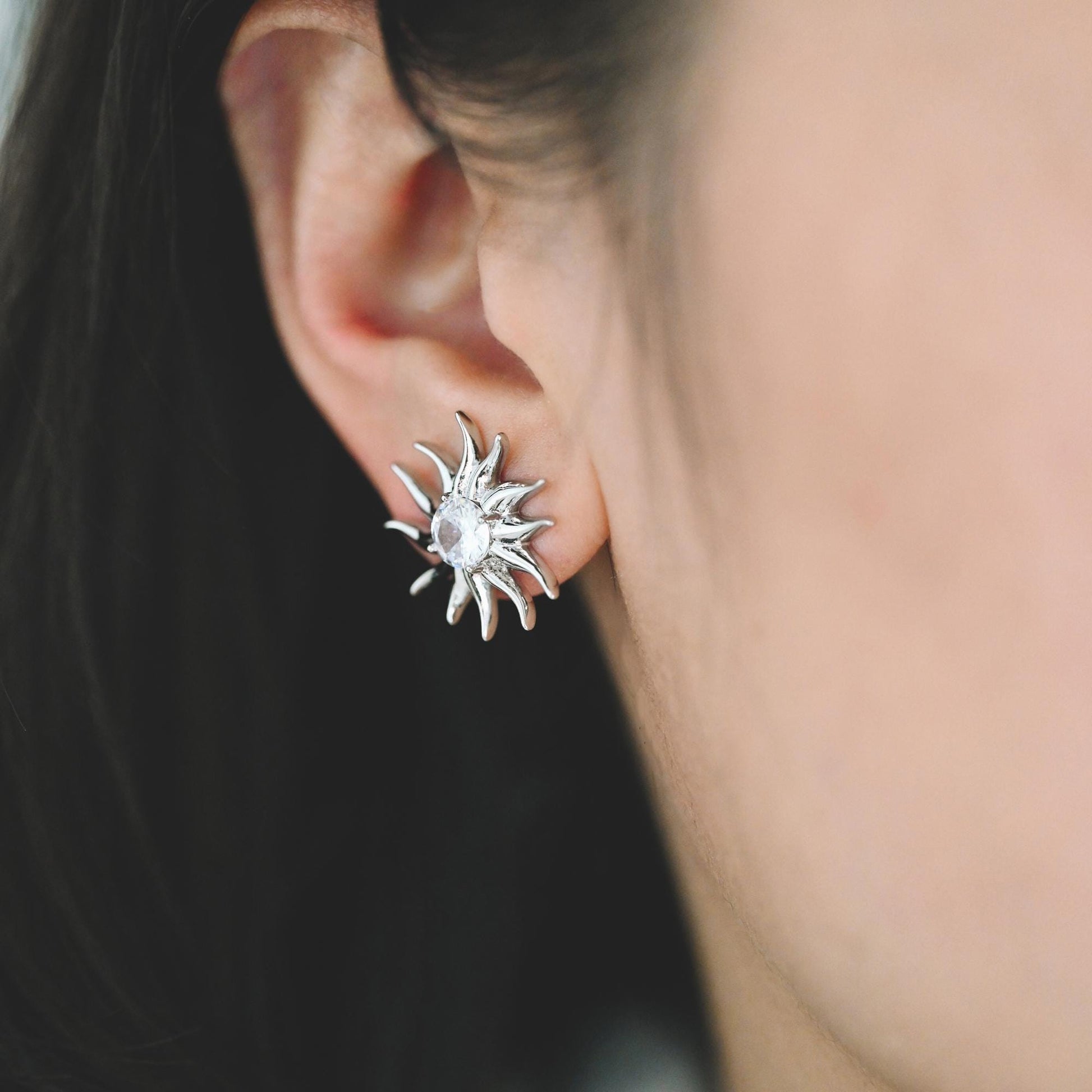 4pcs CZ Paved Sun Earring with Loop, 18x20mm, Real Gold/ Rhodium Plated Brass Stud Earrings (#GB-3507)