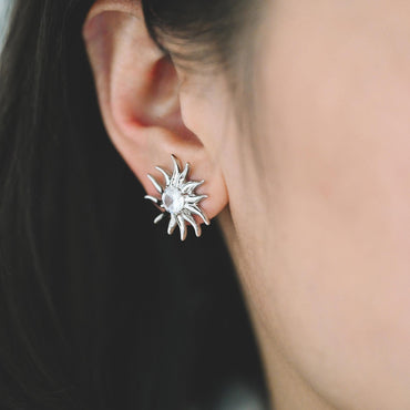 4pcs CZ Paved Sun Earring with Loop, 18x20mm, Real Gold/ Rhodium Plated Brass Stud Earrings (#GB-3507)