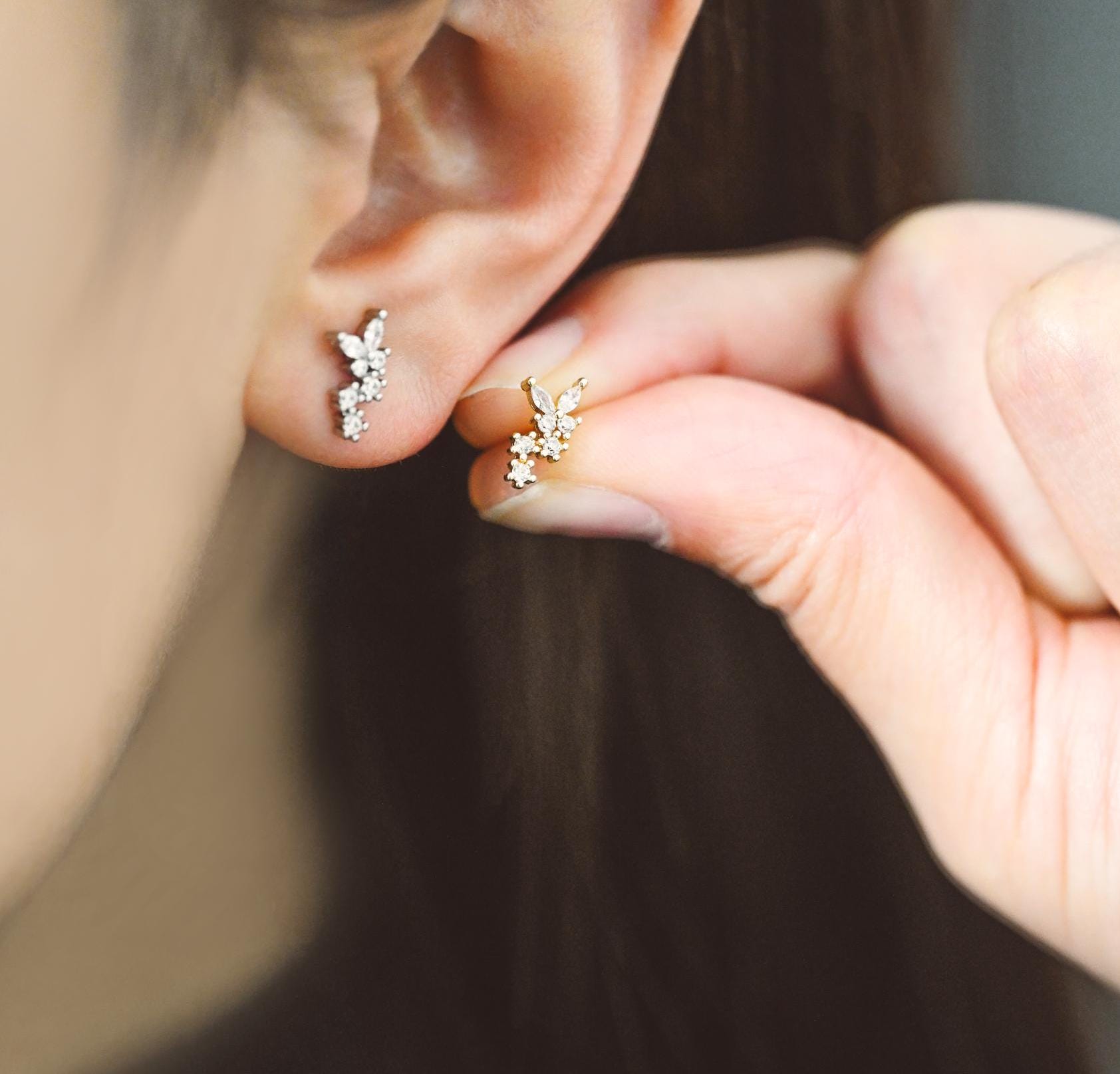 10pcs CZ Pave Gold/ Silver Butterfly Earrings, Gold/ Rhodium Plated Brass, Dianty Butterfly Stud Earrings (GB-4629)