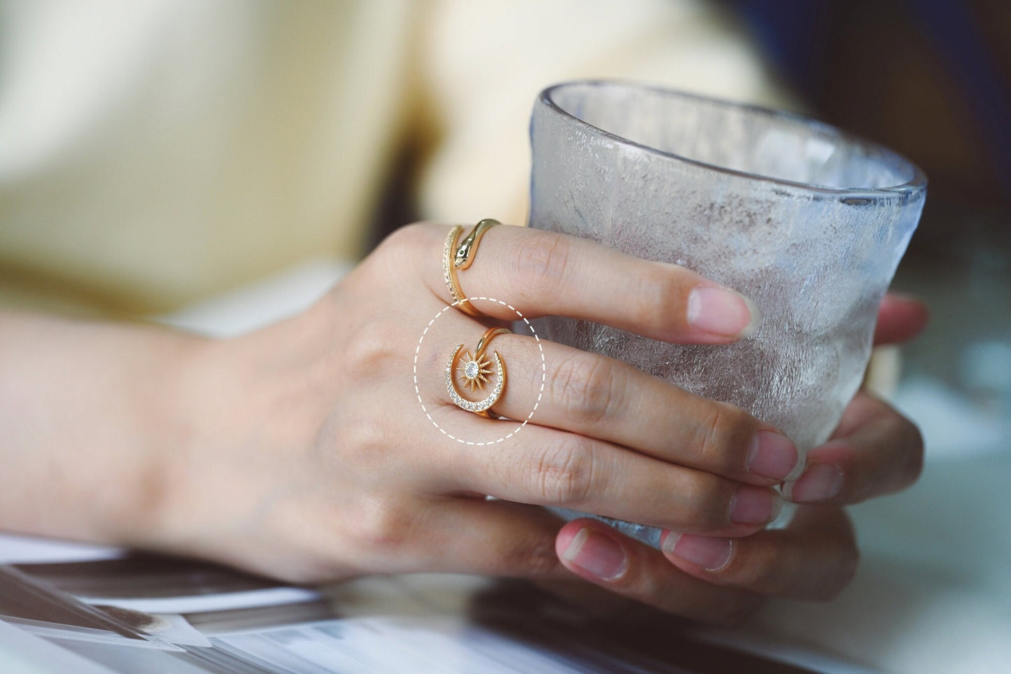 4pcs CZ Pave Gold Sun and Moon Ring, Celestial Ring, Dainty Rings, Adjustable Ring, Open Band Statement Ring (#GB-3727)