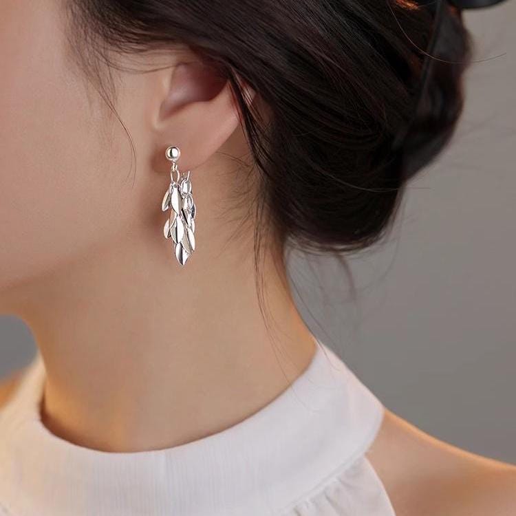 4pcs Gold/ Silver Tone Leaf Chain Earrings, Front Back Earrings, Tassel Ear Jacket (GB-4634)