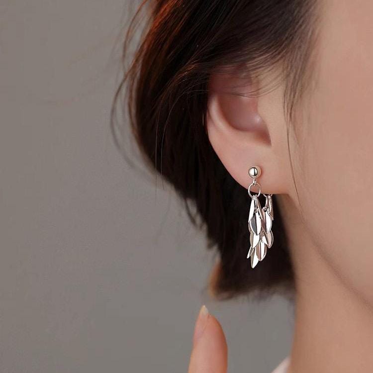 4pcs Gold/ Silver Tone Leaf Chain Earrings, Front Back Earrings, Tassel Ear Jacket (GB-4634)