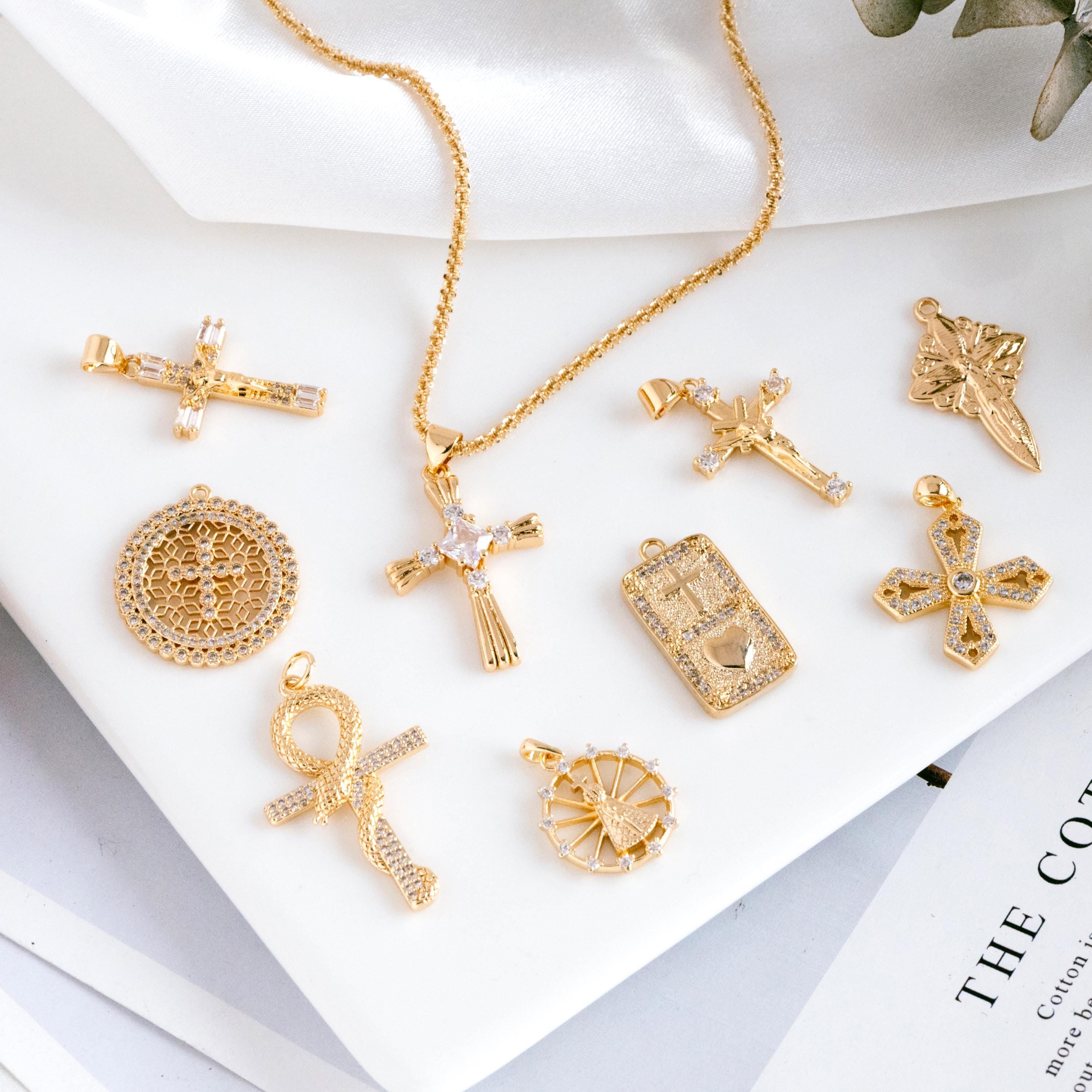 4pcs CZ pave Gold Cross Pendant, Christian Cross Pendant, Snake Charms, Ankh, Jewelry Supplies (GB-2288)