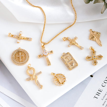 4pcs CZ pave Gold Cross Pendant, Christian Cross Pendant, Snake Charms, Ankh, Jewelry Supplies (GB-2288)