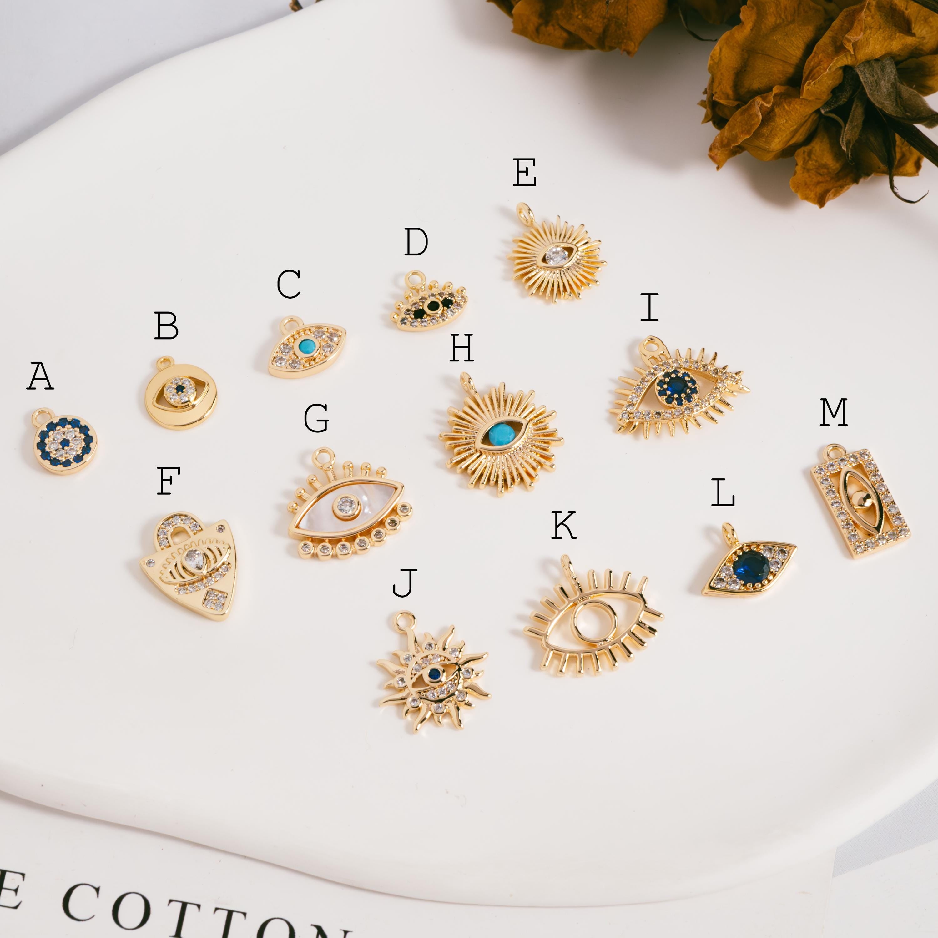 4pcs Gold plated Evil Eye Charms, CZ Pave Eye Pendants, 18K Gold plated Brass, Mystic Eye Jewelry Findings Supplies (GB-1819)