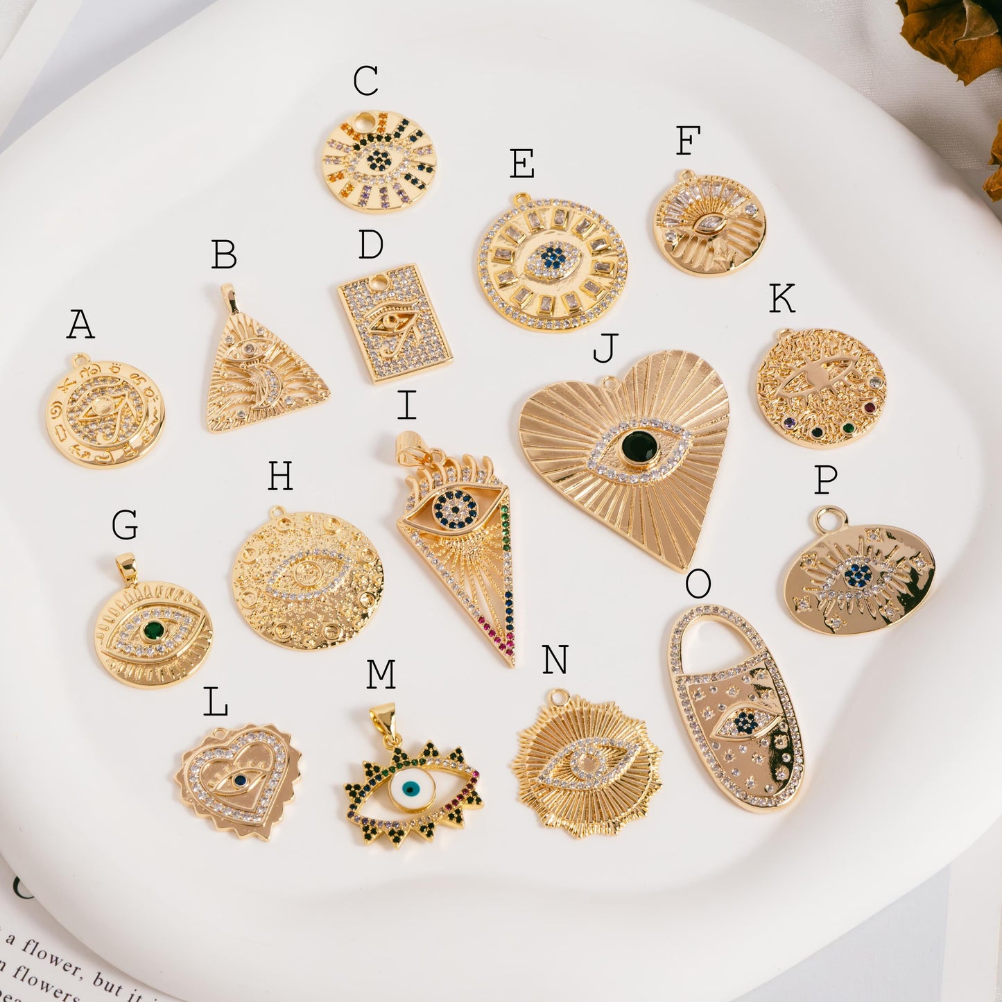 4pcs CZ pave Evil Eye Charms, 18K Gold plated Brass, Greek Eye Pendants for Earring/ Necklace, DIY Handmade Jewelry Component (GB-1527)