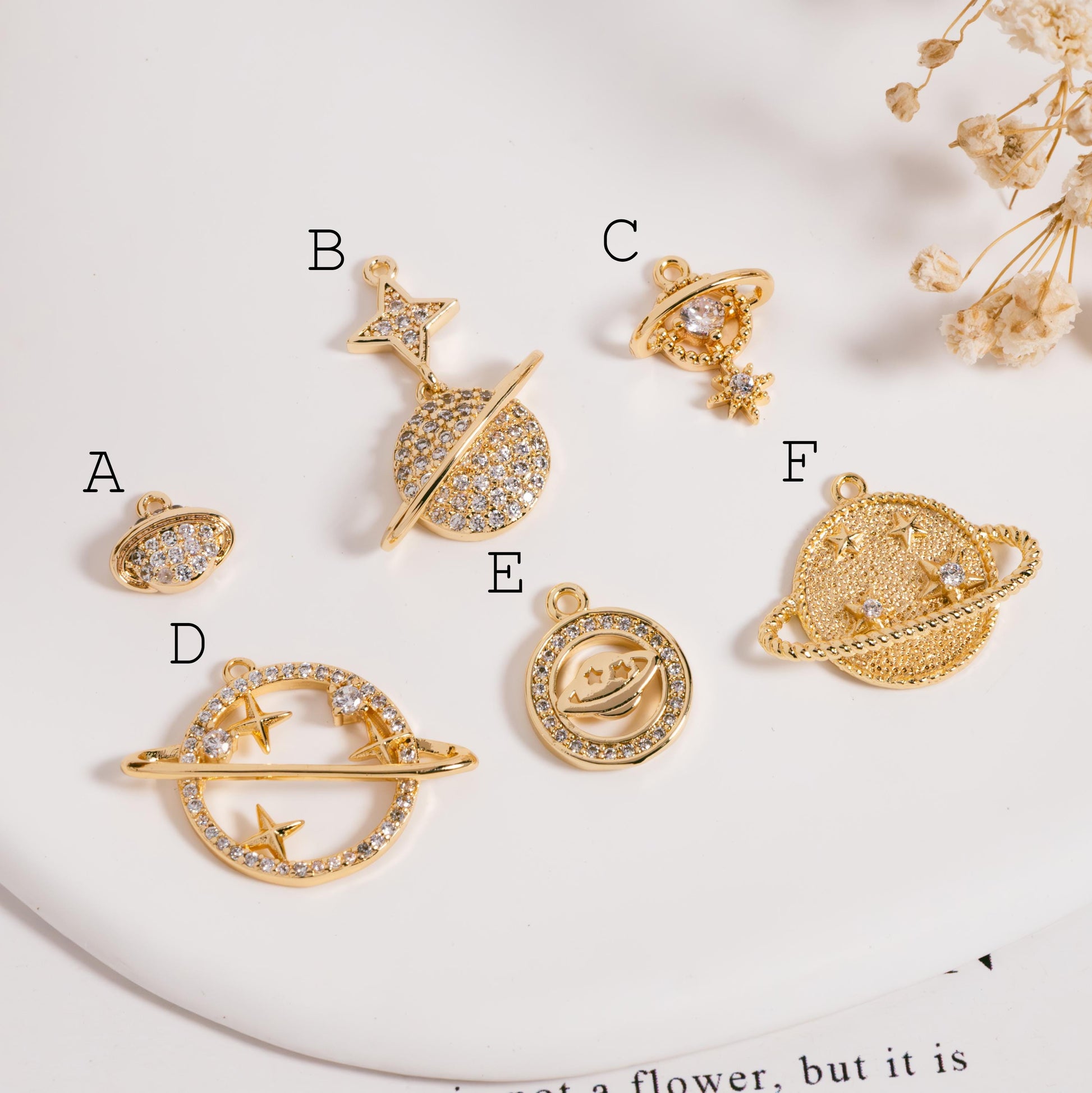 4pcs CZ pave Gold Saturn Charms , Gold plated Brass Planet Pendants, DIY Earring Necklace Components (GB-1173)