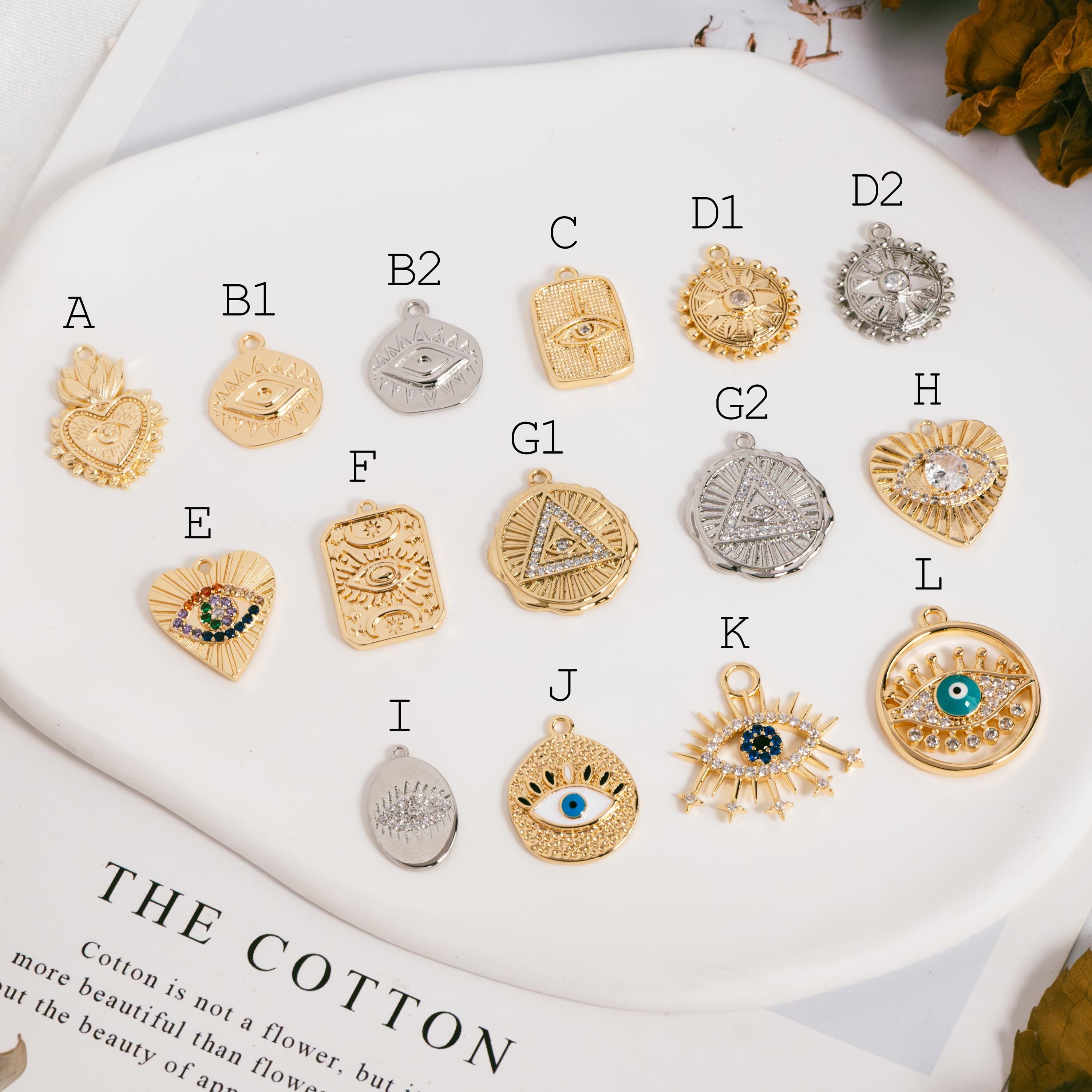 4pcs Gold/ Silver Tone Evil Eye Charms, 18K Gold/ Rhodium plated Brass, Dainty Earring Charms (GB-4085)