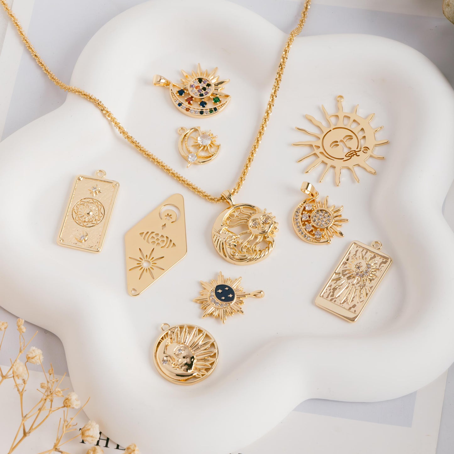 4pcs Gold Sun Moon Star Charms, 18K Gold plated Brass, CZ Pave Celetial Pendants (GB-2991)