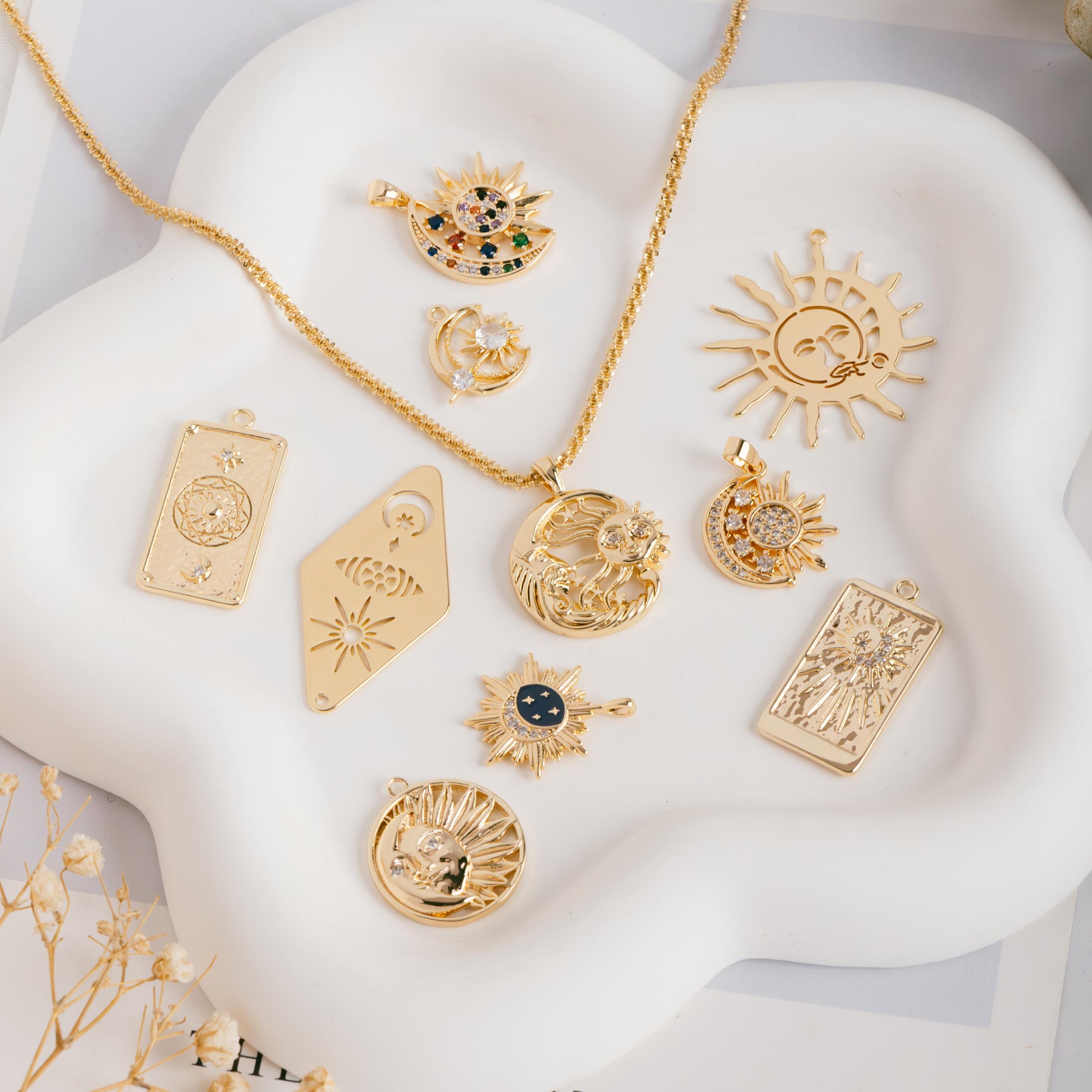 4pcs Gold Sun Moon Star Charms, 18K Gold plated Brass, CZ Pave Celetial Pendants (GB-2991)