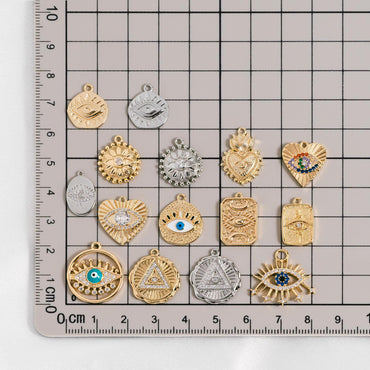 4pcs Gold/ Silver Tone Evil Eye Charms, 18K Gold/ Rhodium plated Brass, Dainty Earring Charms (GB-4085)