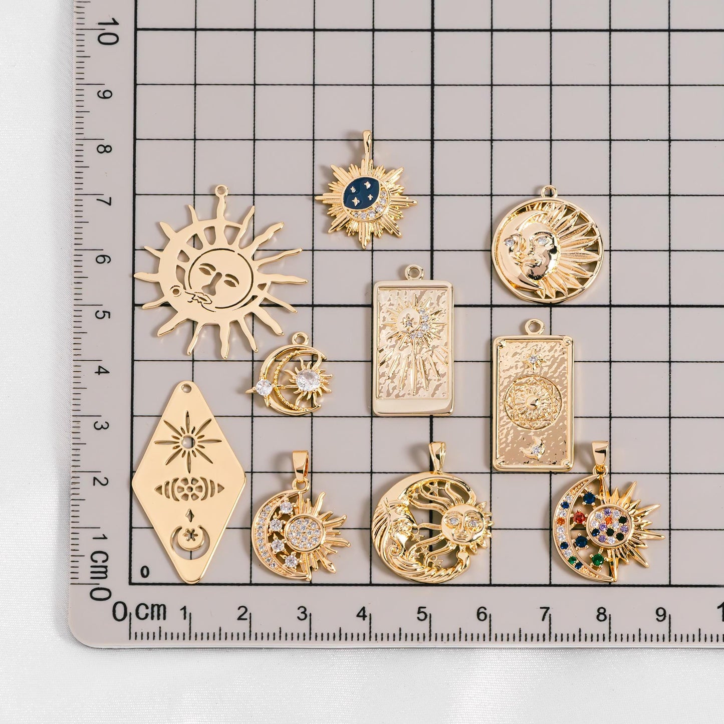 4pcs Gold Sun Moon Star Charms, 18K Gold plated Brass, CZ Pave Celetial Pendants (GB-2991)