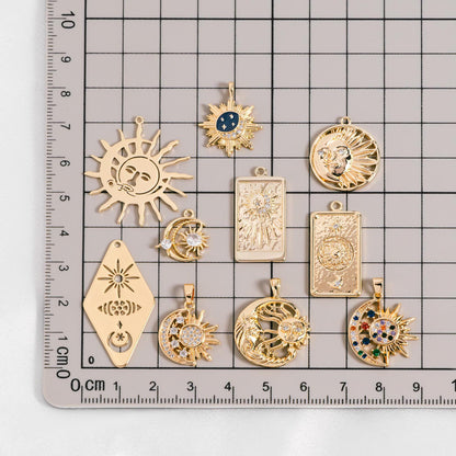 4pcs Gold Sun Moon Star Charms, 18K Gold plated Brass, CZ Pave Celetial Pendants (GB-2991)